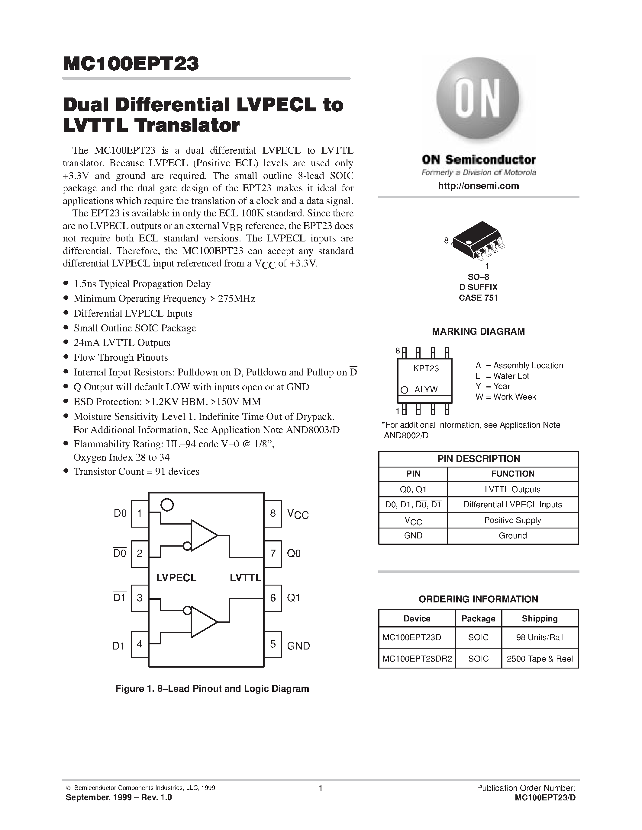 Datasheet MC100EPT23 - Dual Differential LVPECL to LVTTL Translator page 1