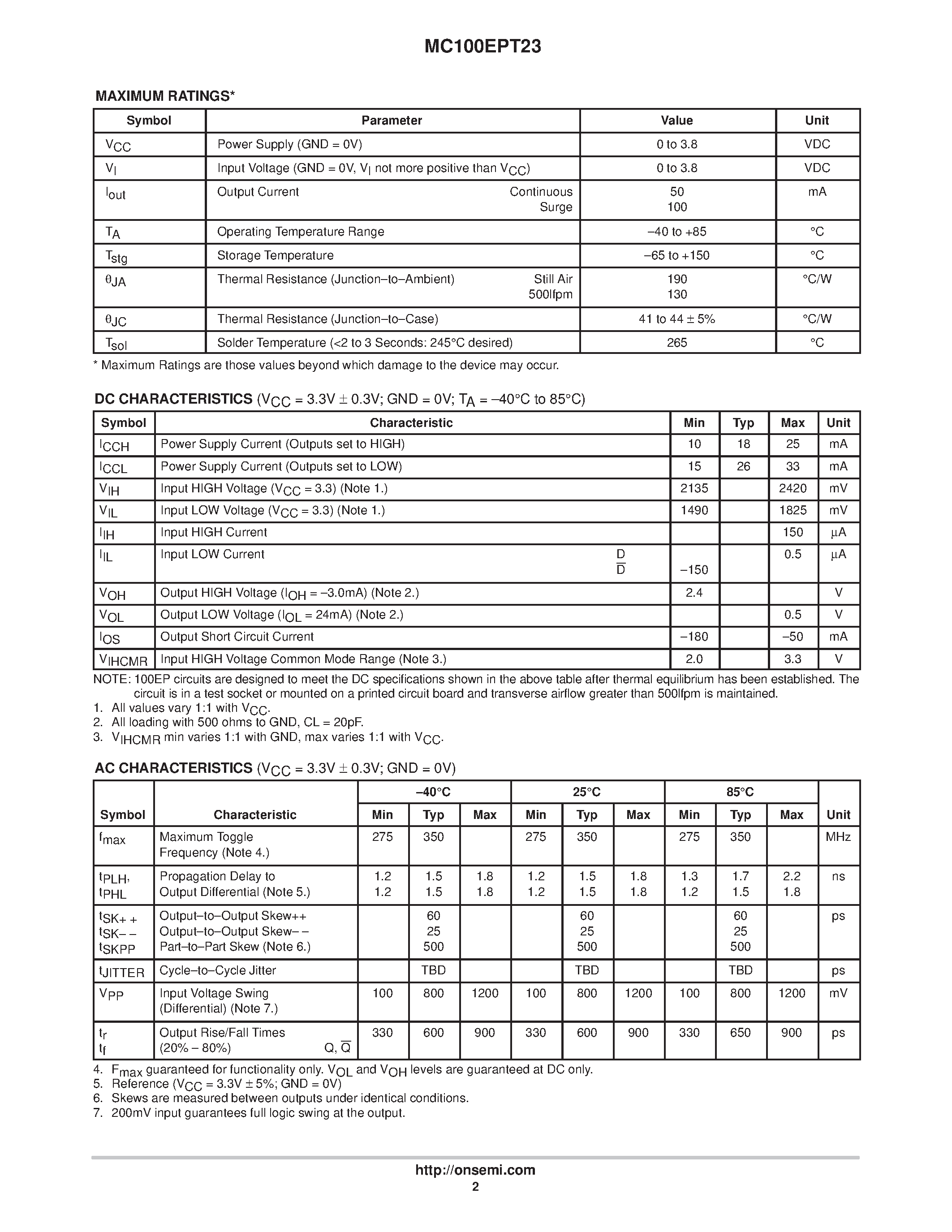 Datasheet MC100EPT23 - Dual Differential LVPECL to LVTTL Translator page 2