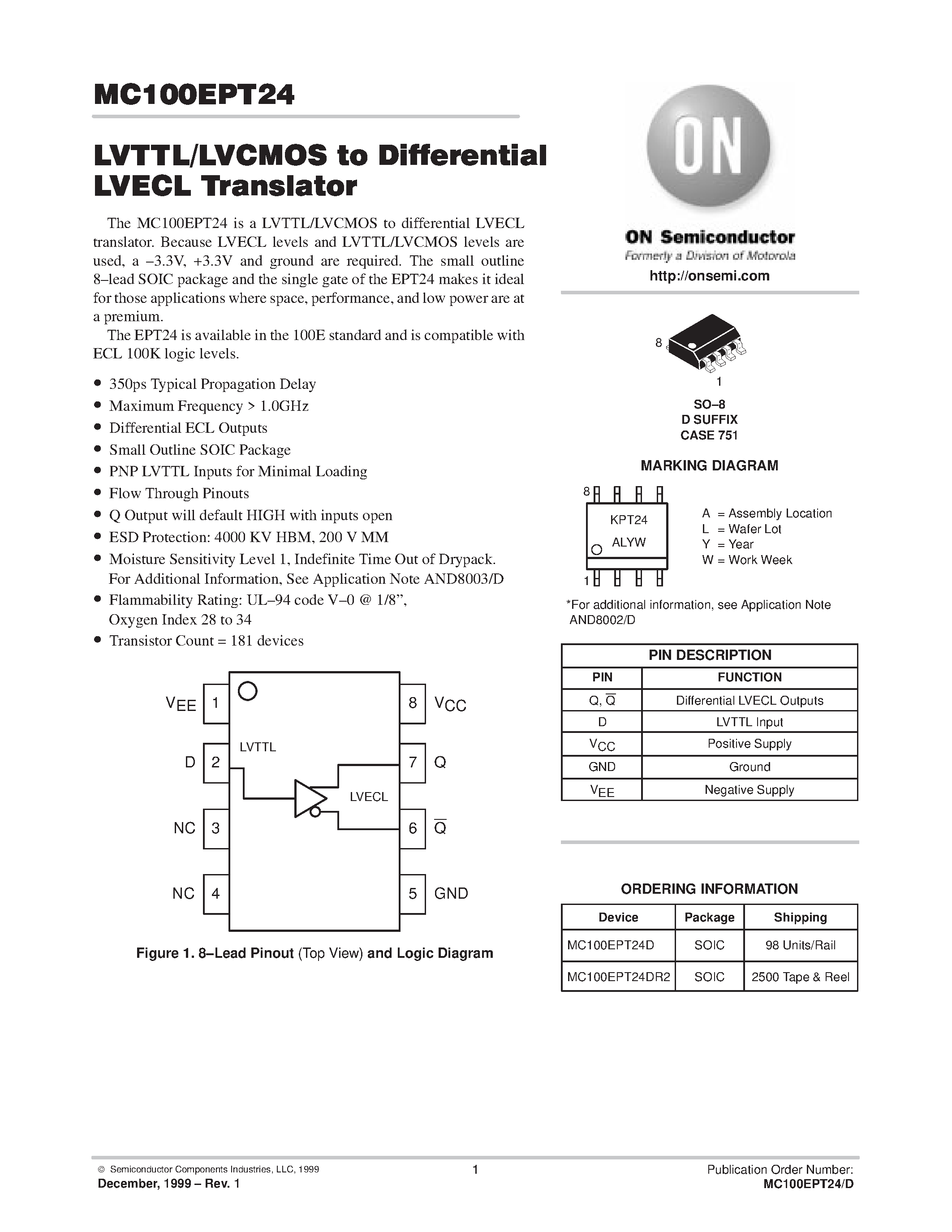 Datasheet MC100EPT24 - LVTTL/LVCOMS to Differential LVECL Translator page 1