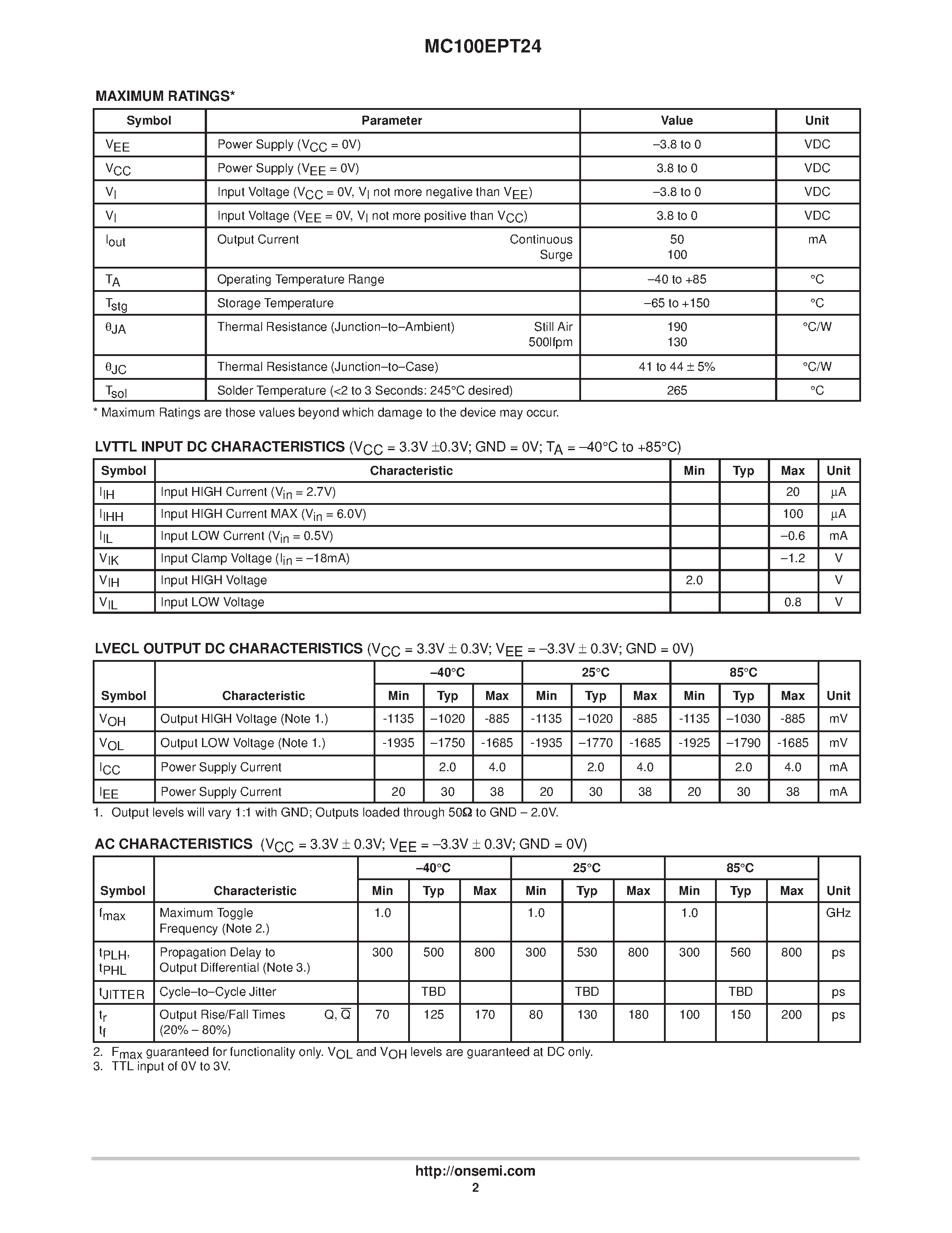 Datasheet MC100EPT24 - LVTTL/LVCOMS to Differential LVECL Translator page 2