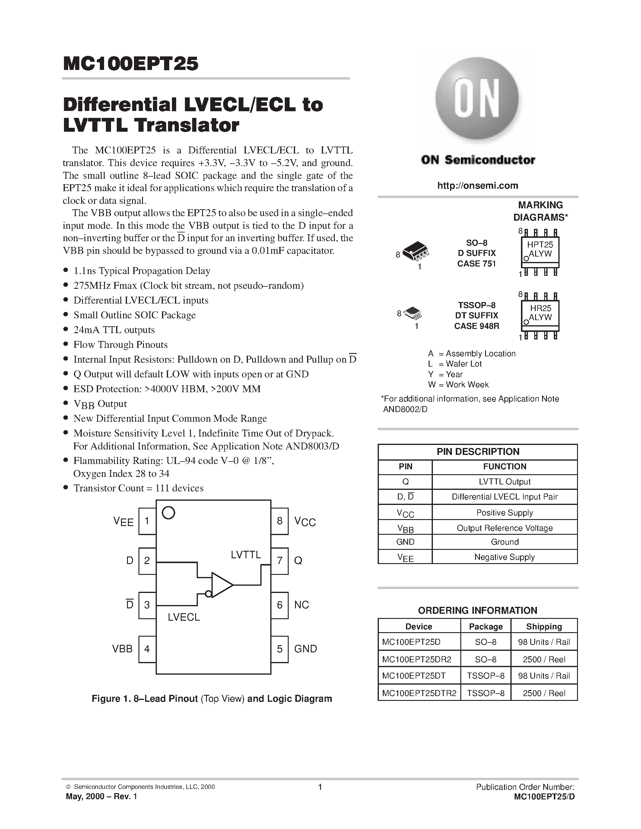 Datasheet MC100EPT25 - Differential LVECL/ECL to LVTTL Translator page 1