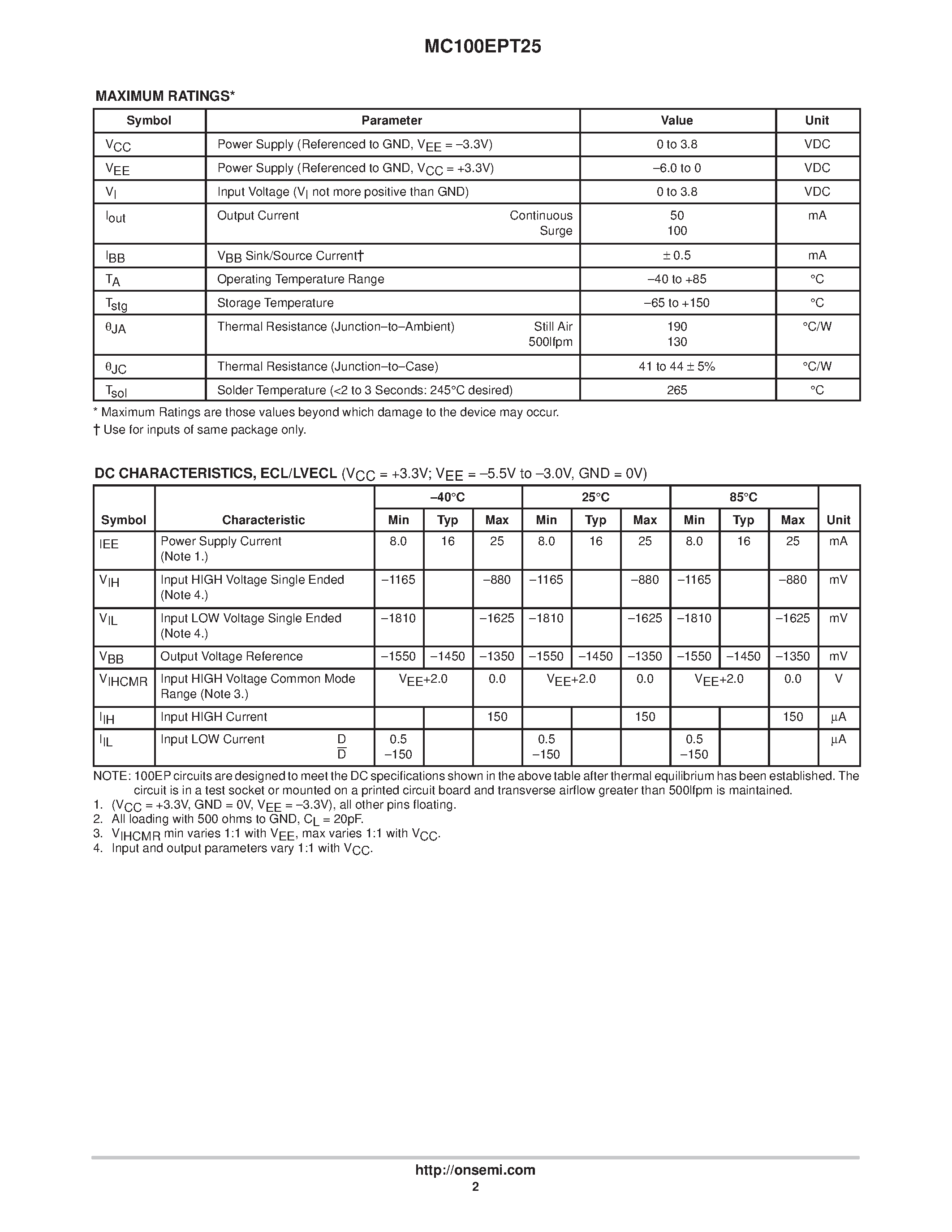 Datasheet MC100EPT25 - Differential LVECL/ECL to LVTTL Translator page 2