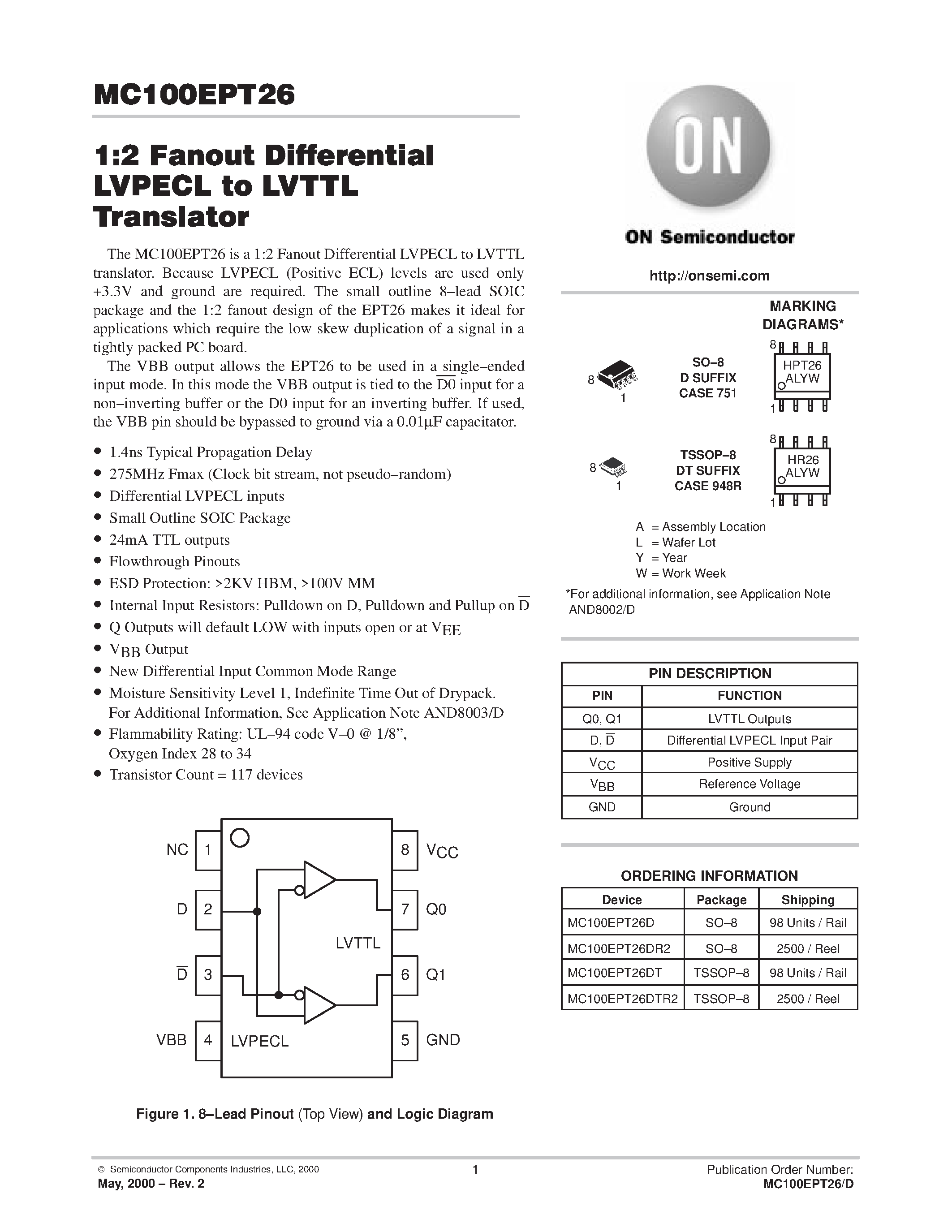 Datasheet MC100EPT26 - 1:2 Fanout Differential LVPECL to LVTTL Translator page 1