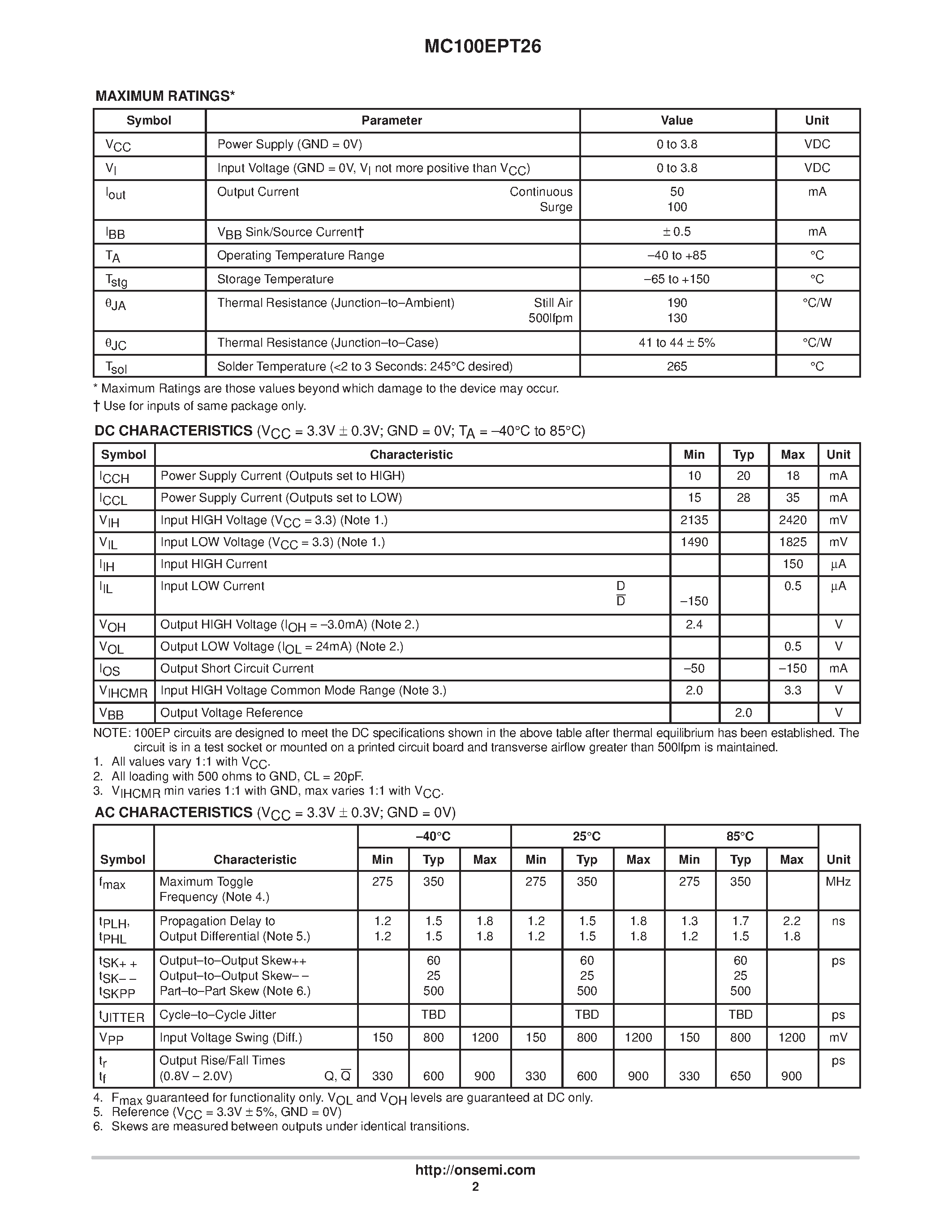 Datasheet MC100EPT26 - 1:2 Fanout Differential LVPECL to LVTTL Translator page 2