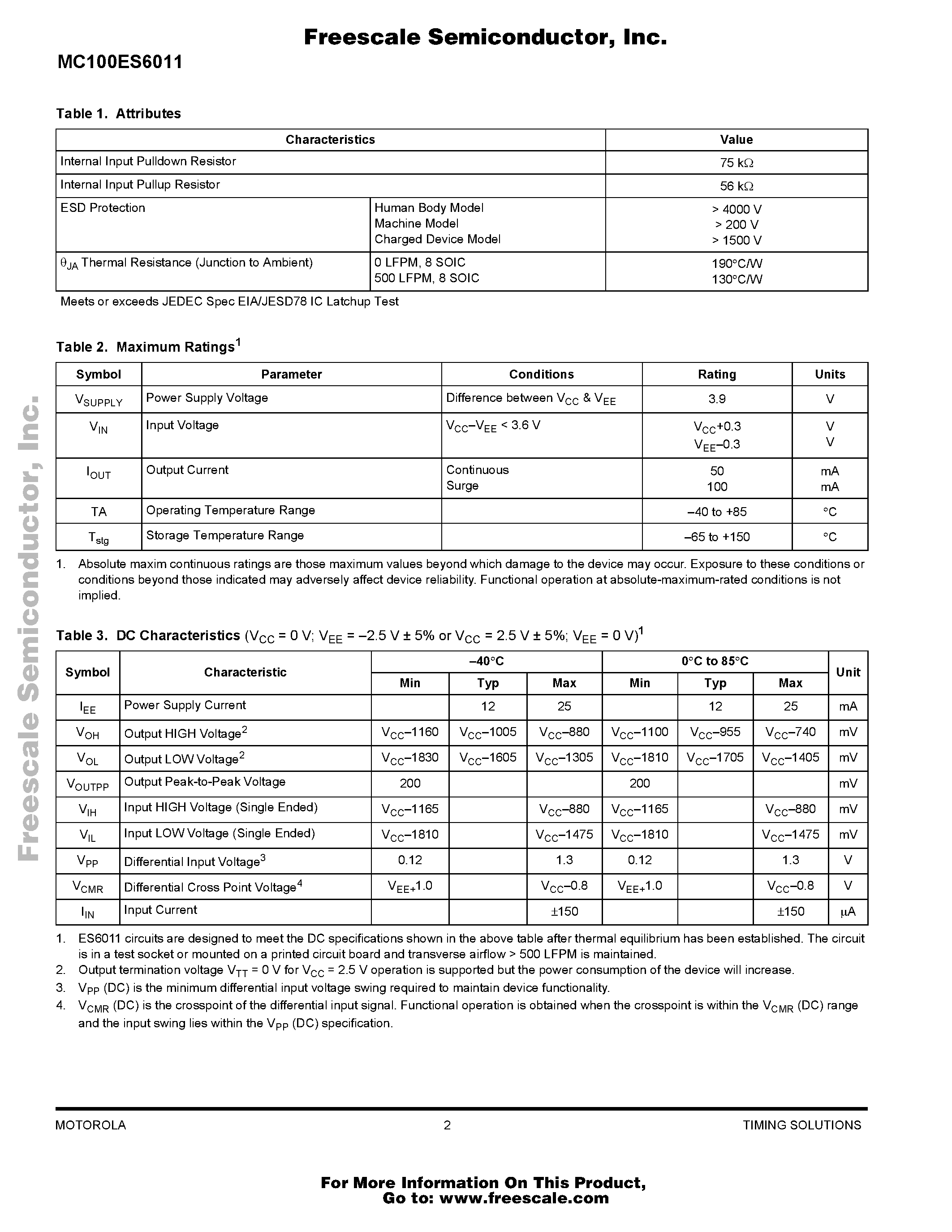 Datasheet MC100ES6011 - 2.5V / 3.3V ECL 1:2 Differential Fanout Buffer page 2