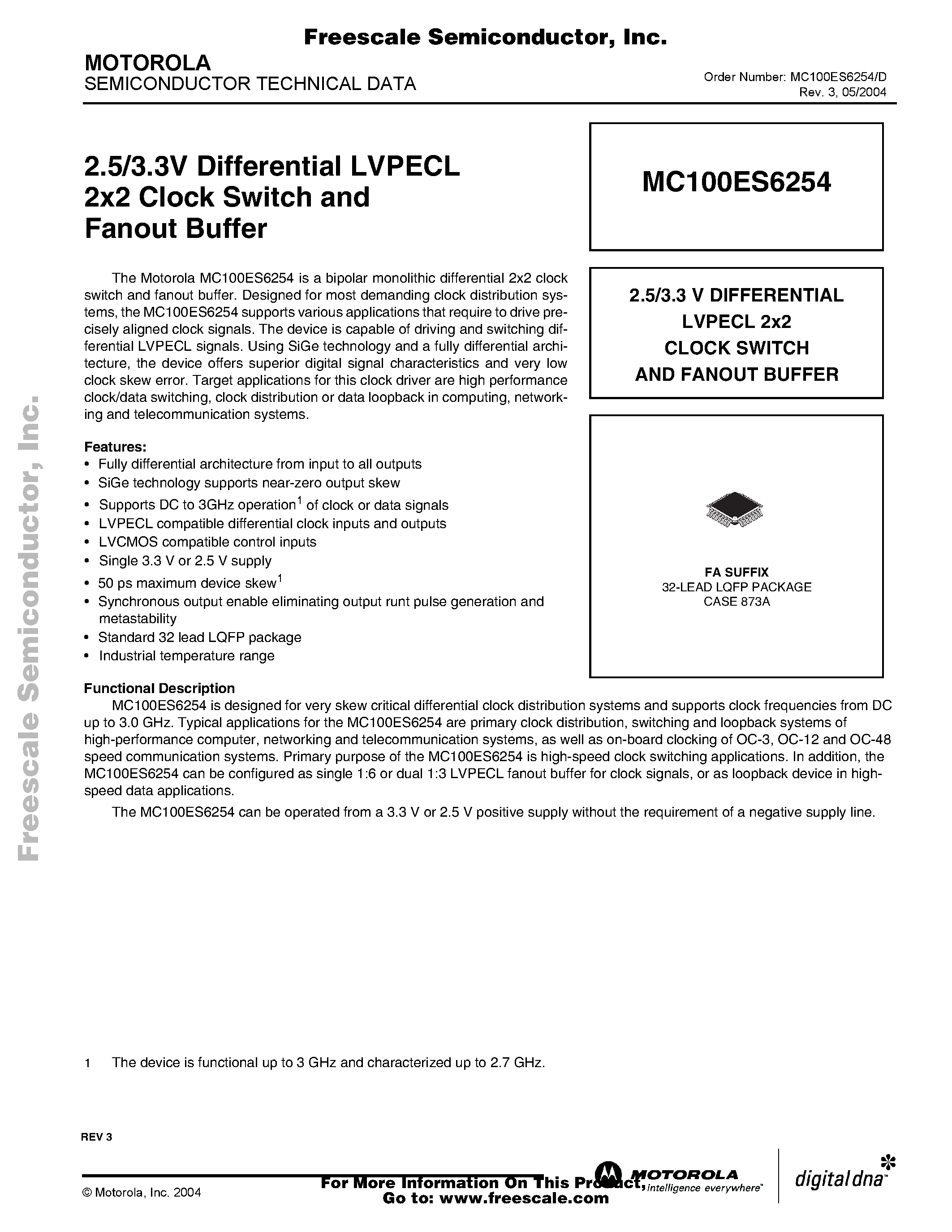 Datasheet MC100ES6254 - 2.5/3.3V Differential LVPECL 2x2 Clock Switch and Fanout Buffer page 1