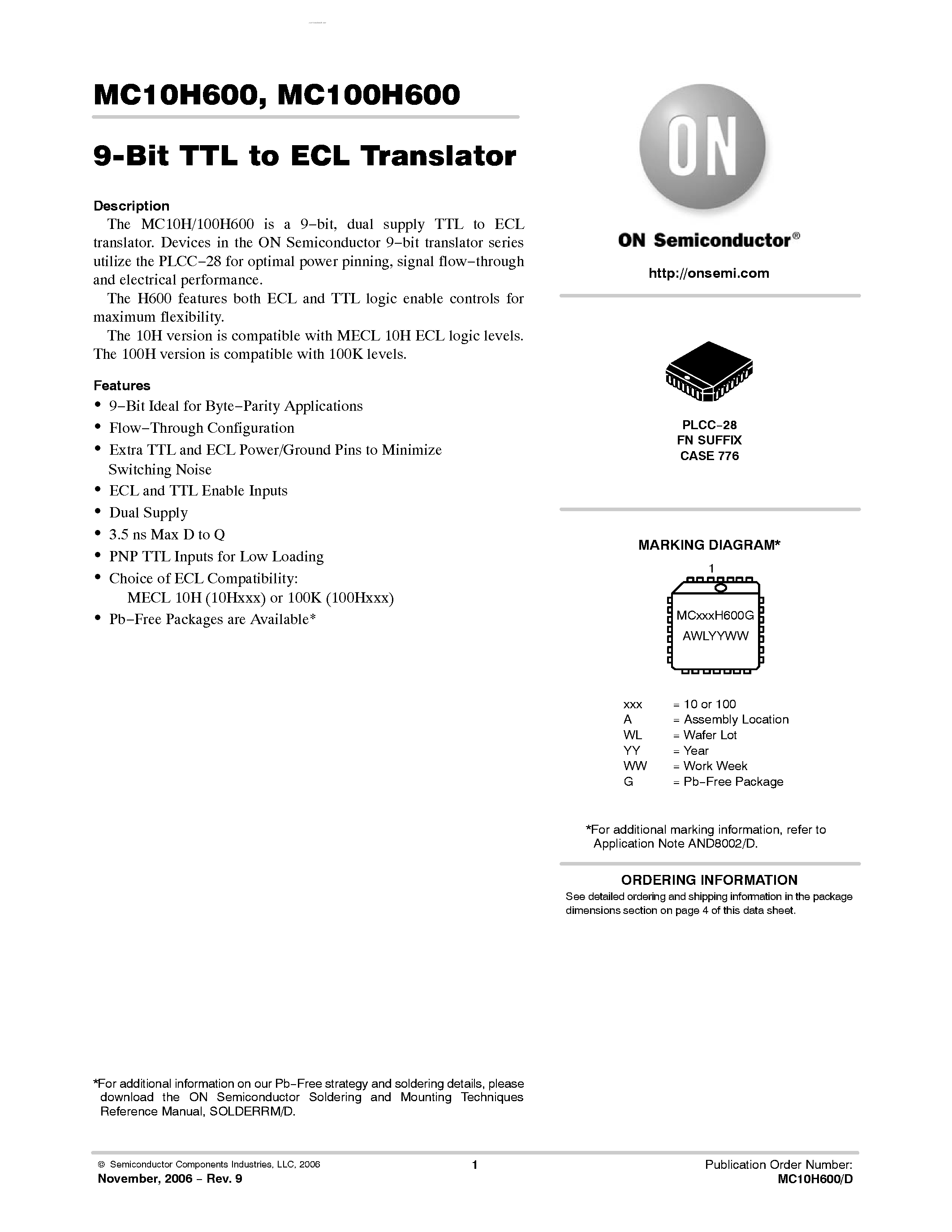 Datasheet MC100H600 - 9-Bit TTL/ECL Translator page 1