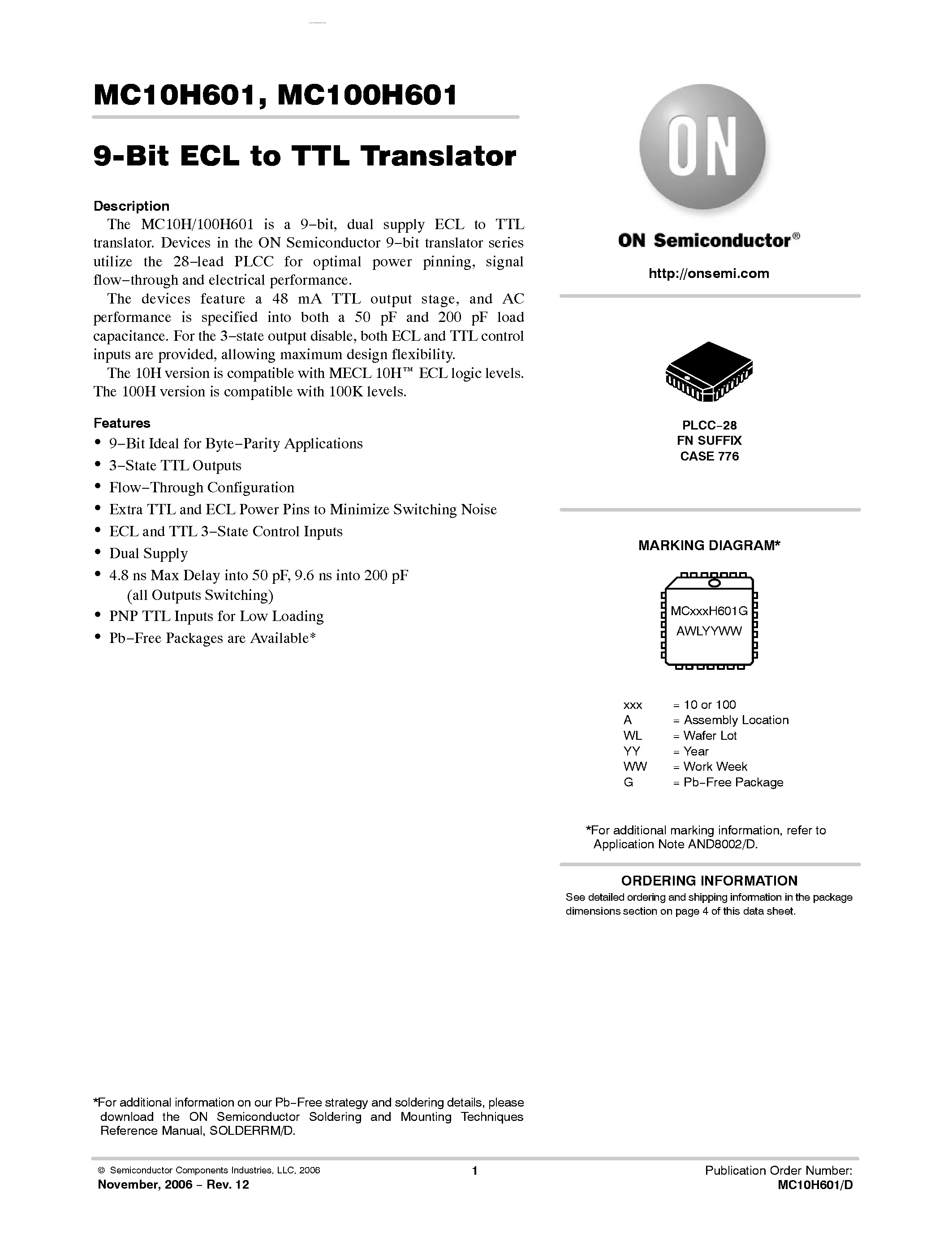 Datasheet MC100H601 - 9-Bit ECL/TTL Translator page 1