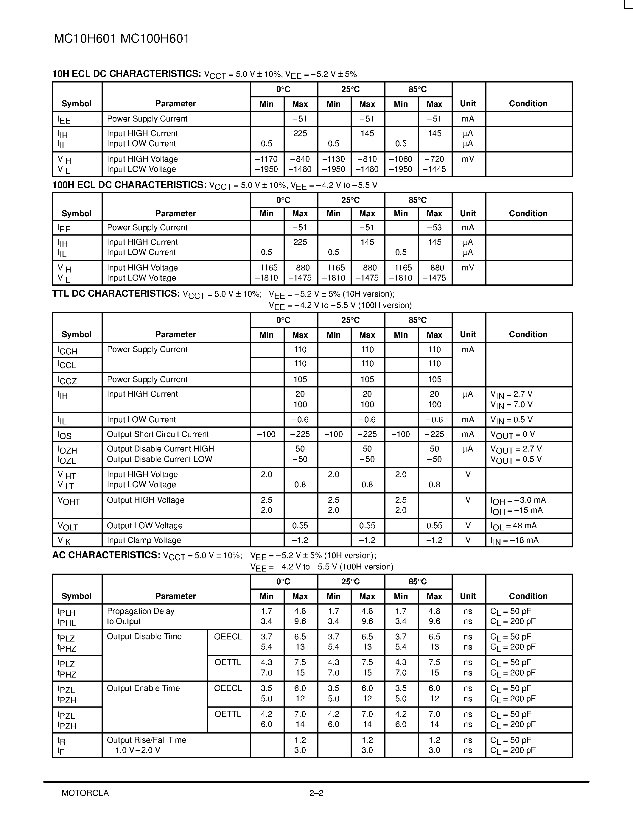 Datasheet MC100H601FN - 9-Bit ECL/TTL Translator page 2