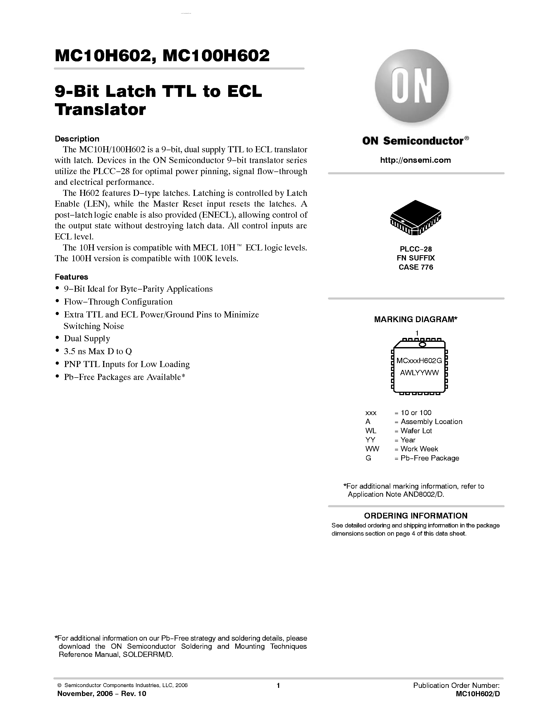 Datasheet MC100H602 - 9-Bit Latch TTL/ECL Translator page 1