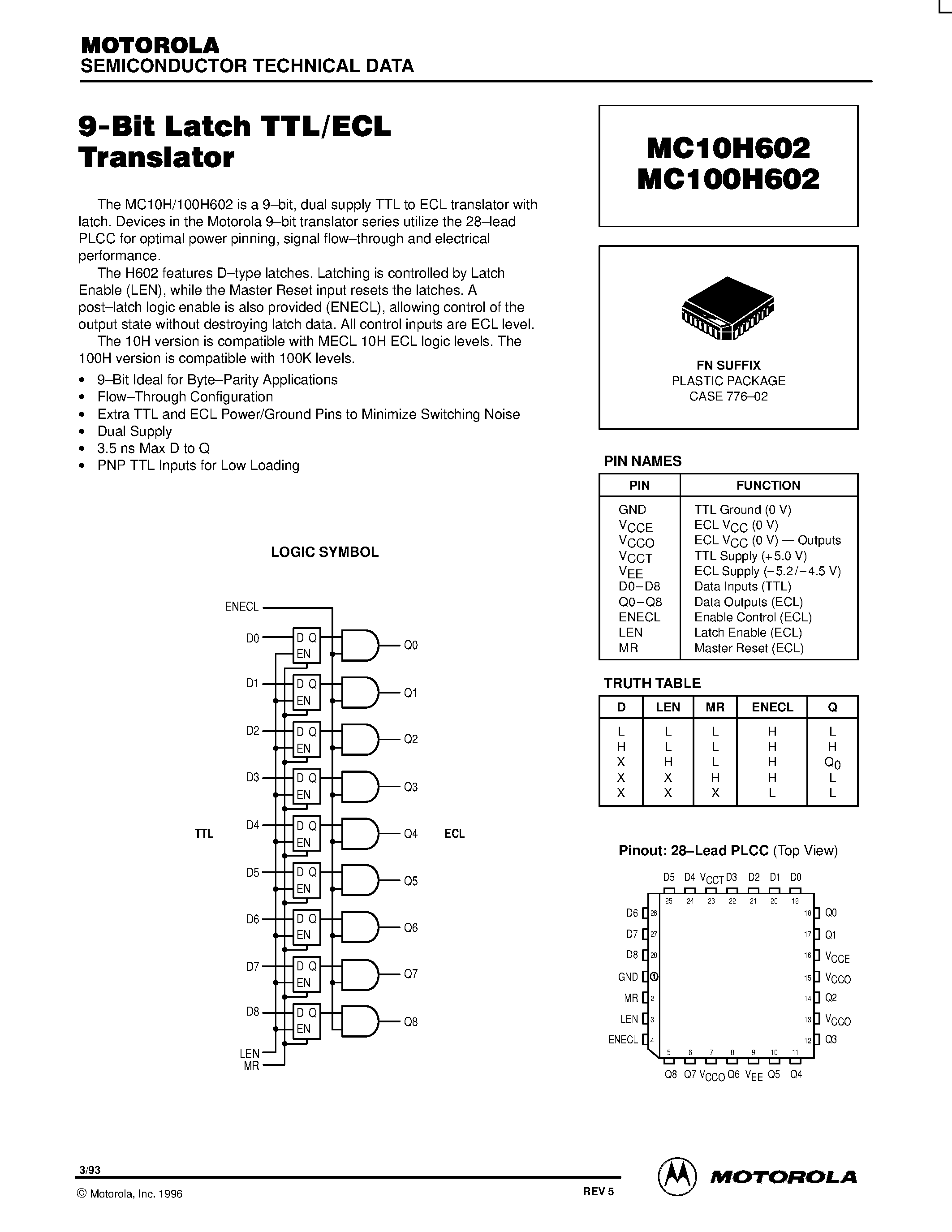 Datasheet MC100H602FN - 9-Bit Latch TTL/ECL Translator page 1