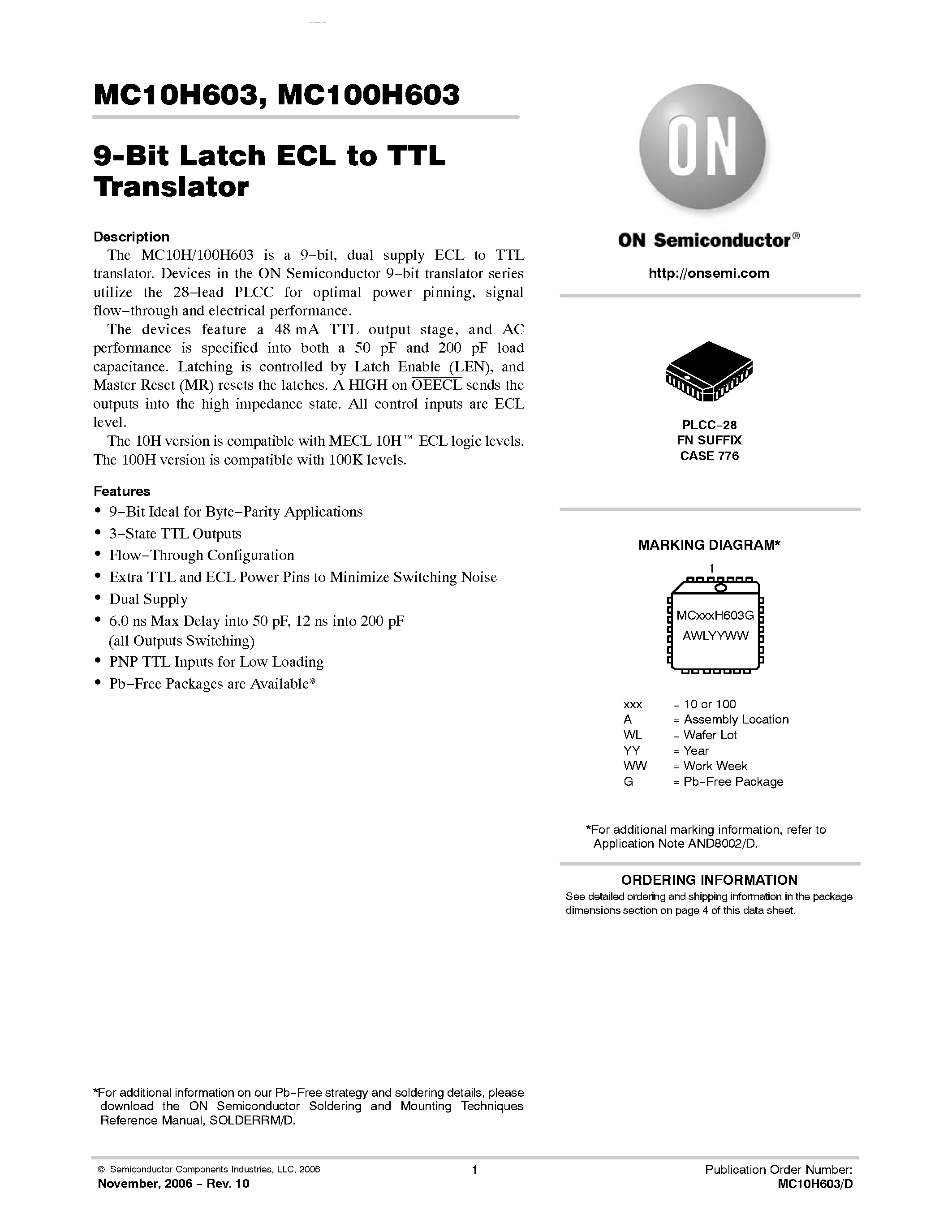 Datasheet MC100H603 - 9-Bit Latch ECL/TTL Translator page 1