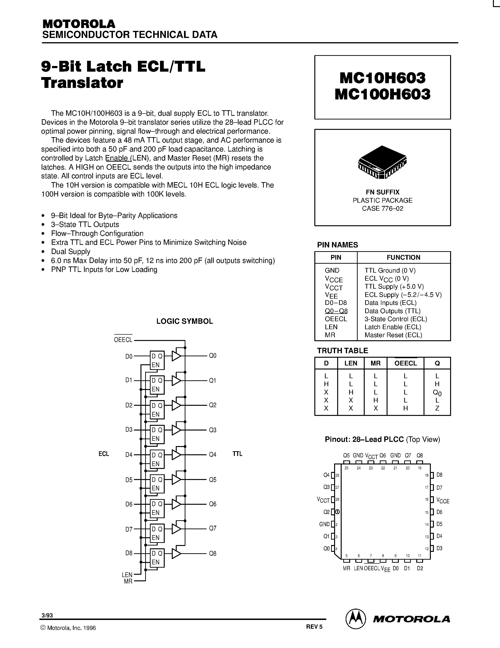 Datasheet MC100H603FN - 9-Bit Latch ECL/TTL Translator page 1