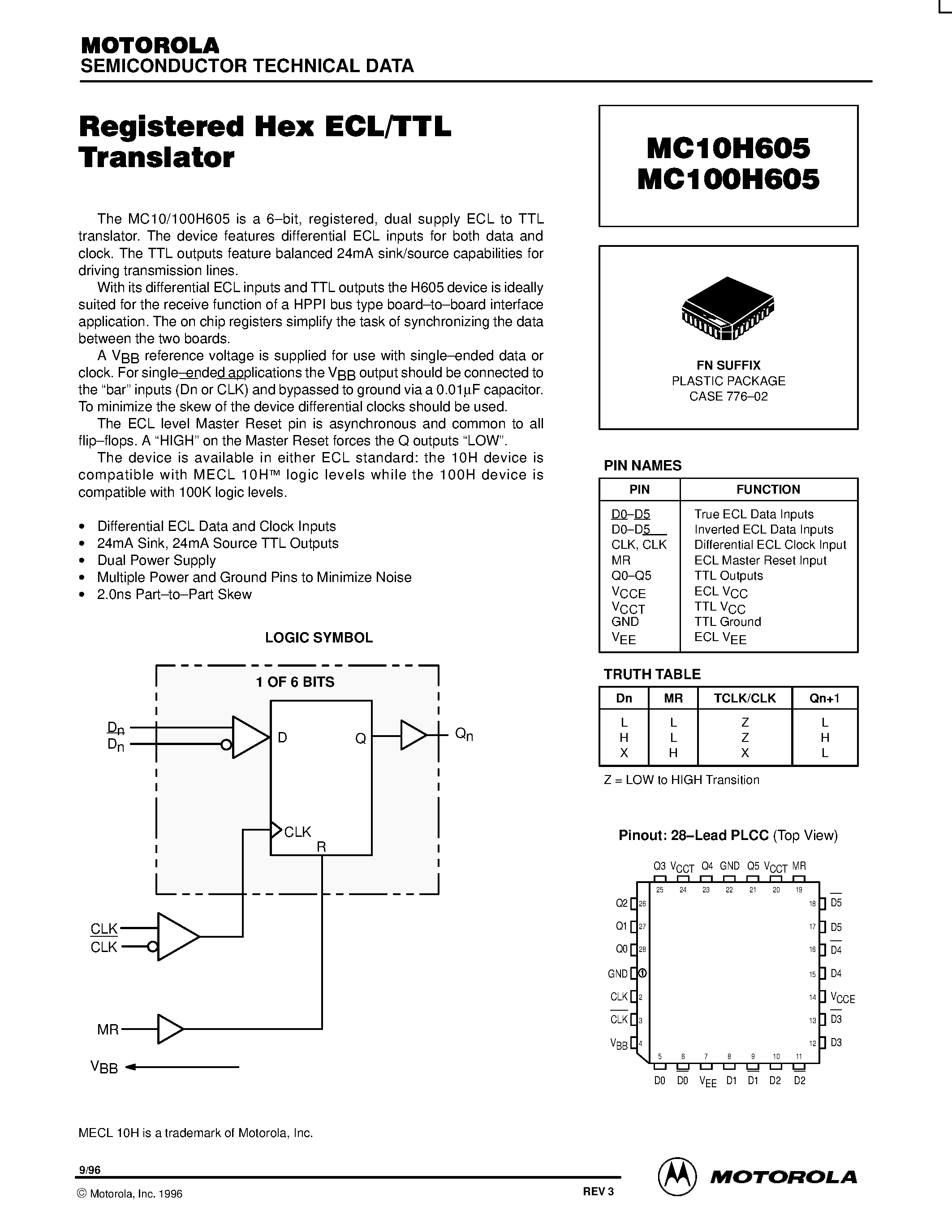 Datasheet MC100H605 - Registered Hex ECL/TTL Translator page 1