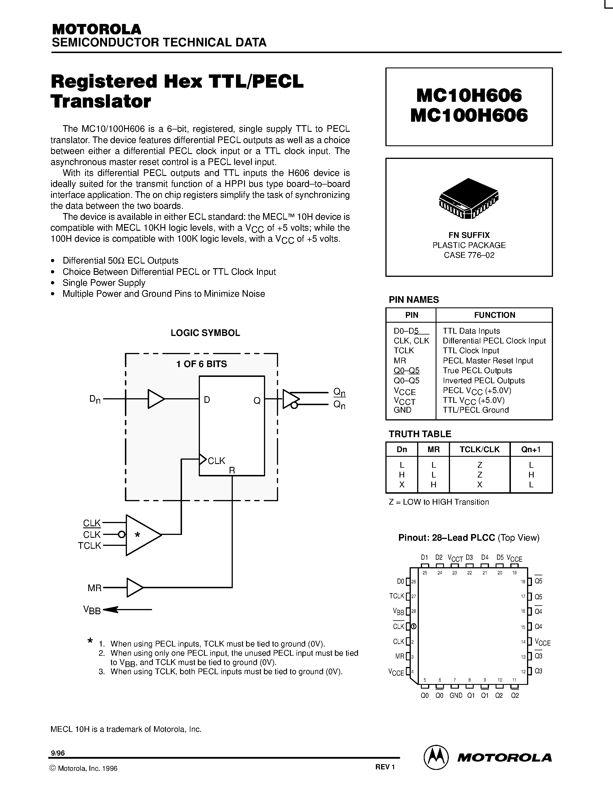 Datasheet MC100H606 - Registered Hex TTL/PECL Translator page 1