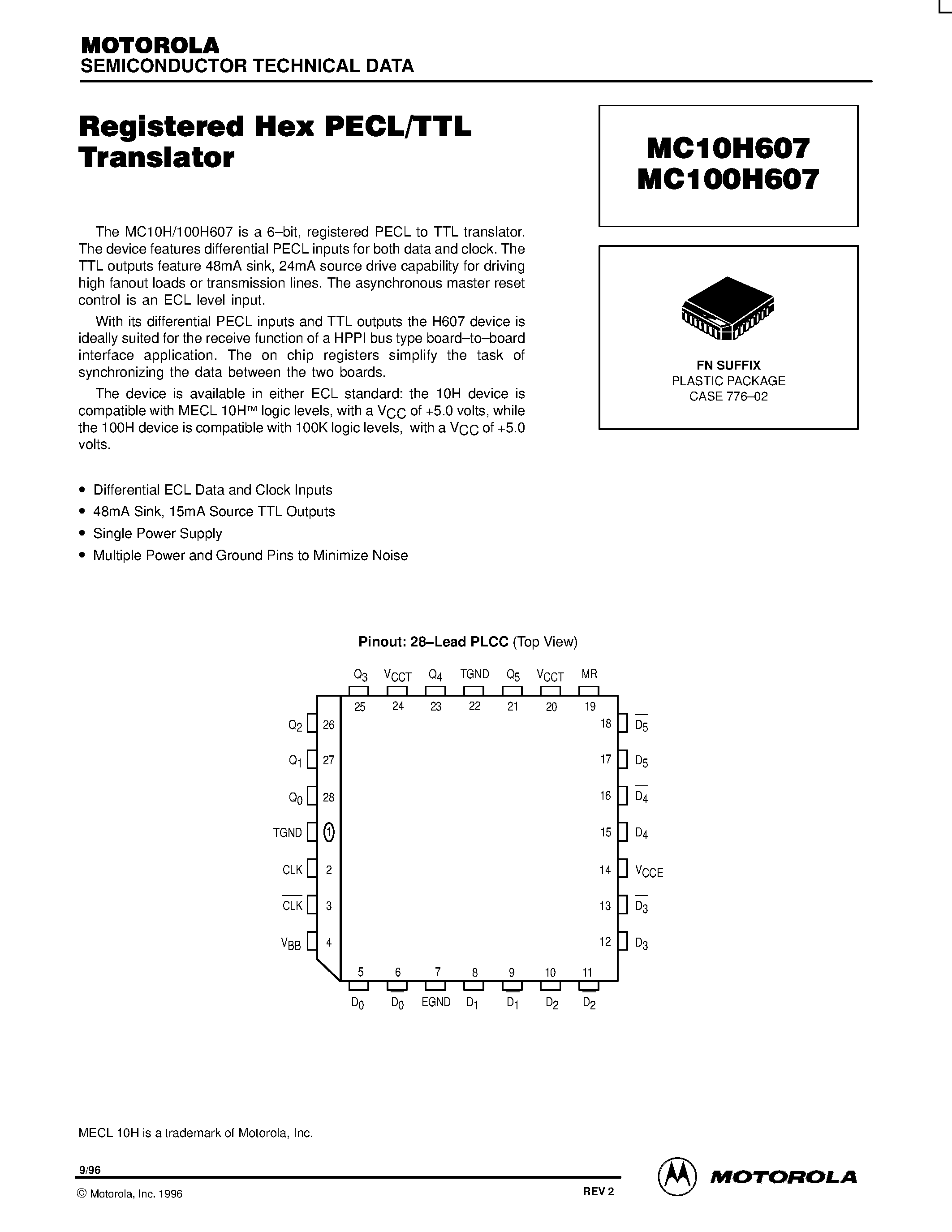 Datasheet MC100H607 - Registered Hex PECL/TTL Translator page 1