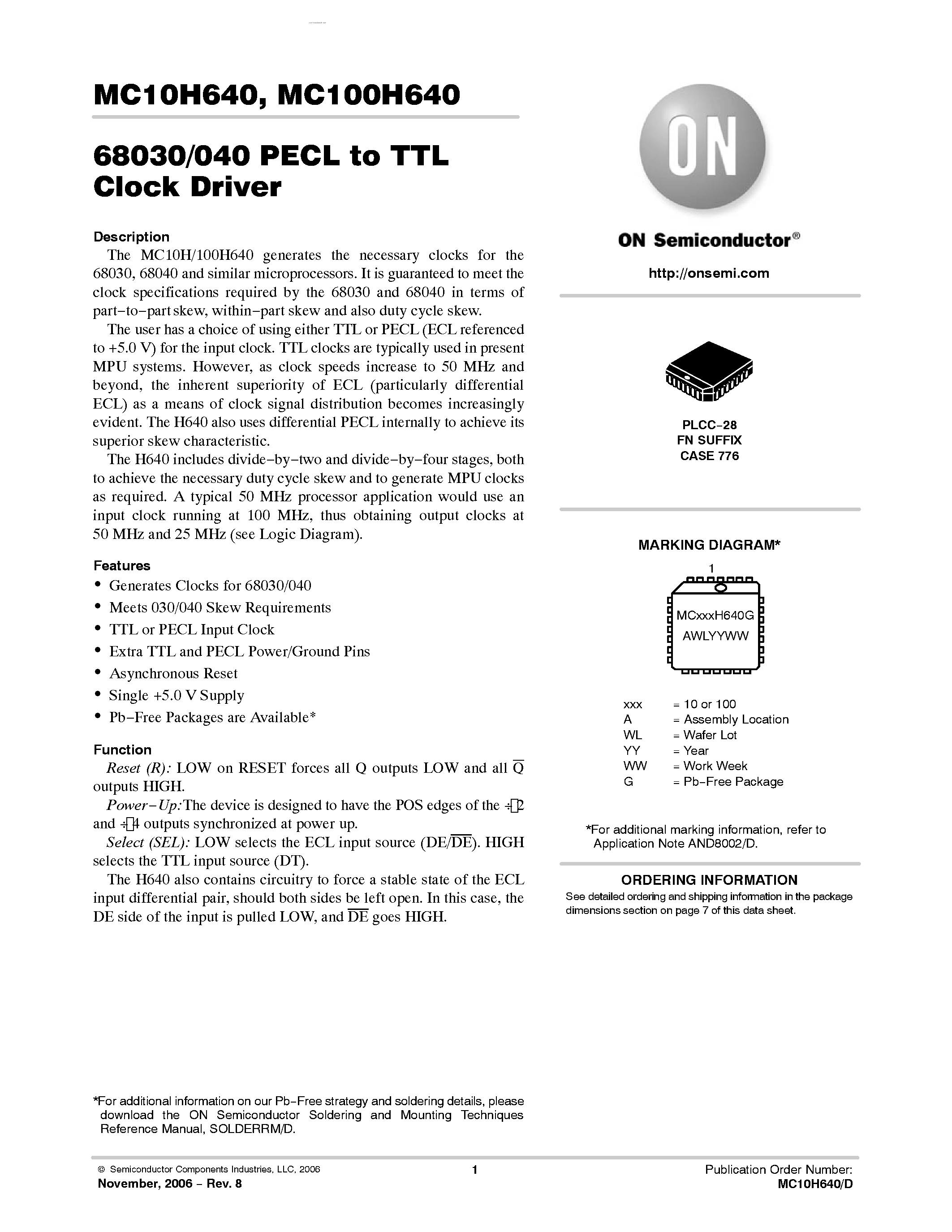 Datasheet MC100H640 - PECL-TTL CLOCK DRIVER page 1