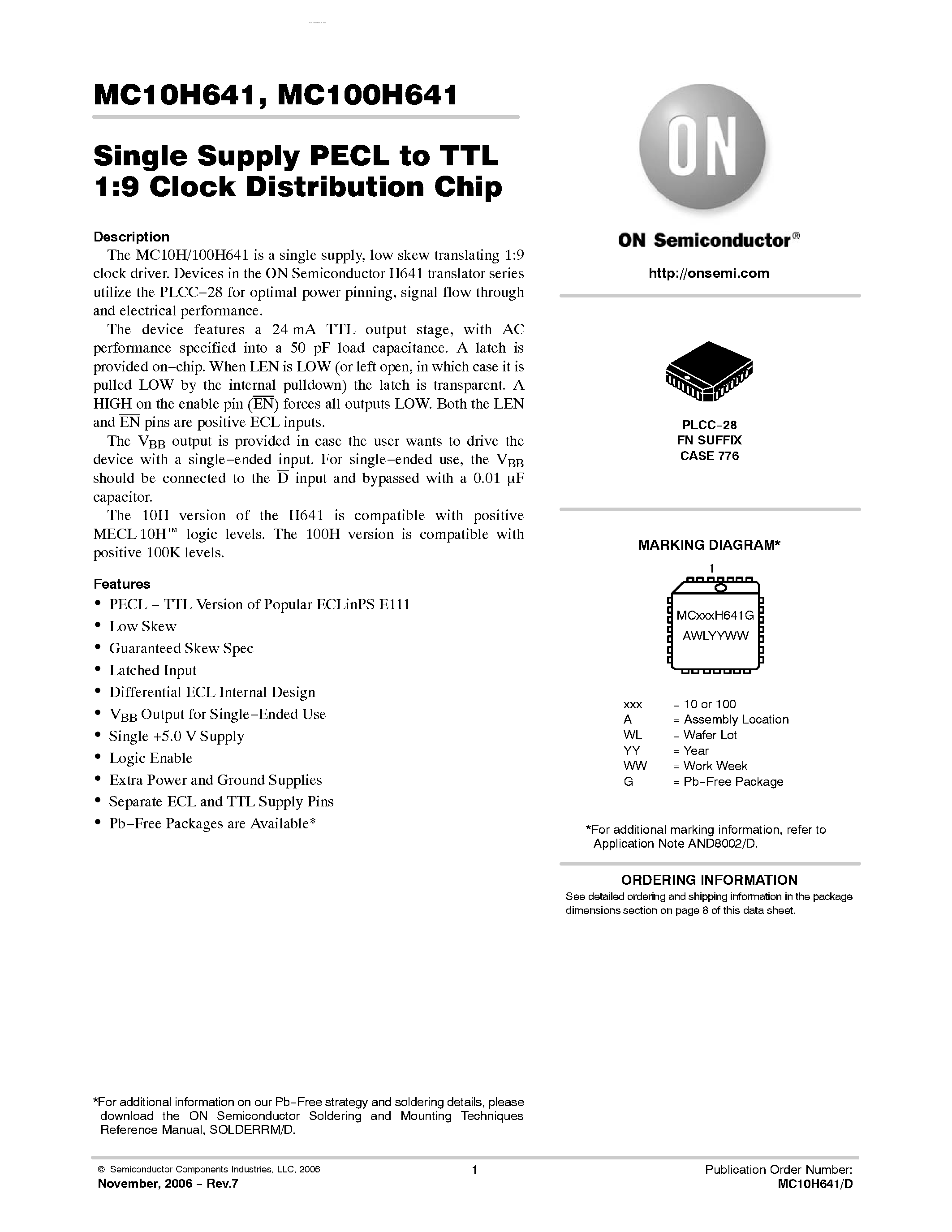 Datasheet MC100H641 - SINGLE SUPPLY PECL-TTL 1:9 CLOCK DISTRIBUTION CHIP page 1