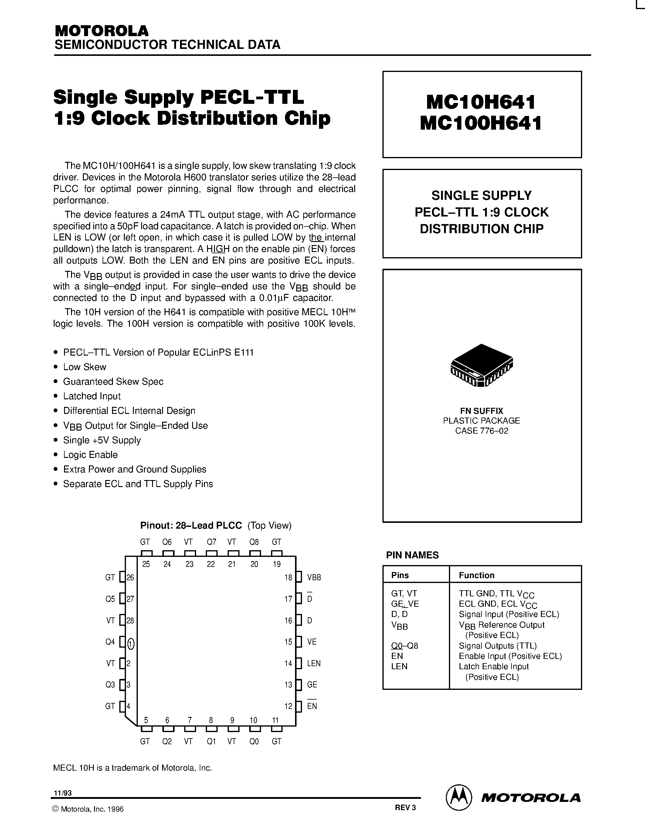 Datasheet MC100H641FN - SINGLE SUPPLY PECL-TTL 1:9 CLOCK DISTRIBUTION CHIP page 1