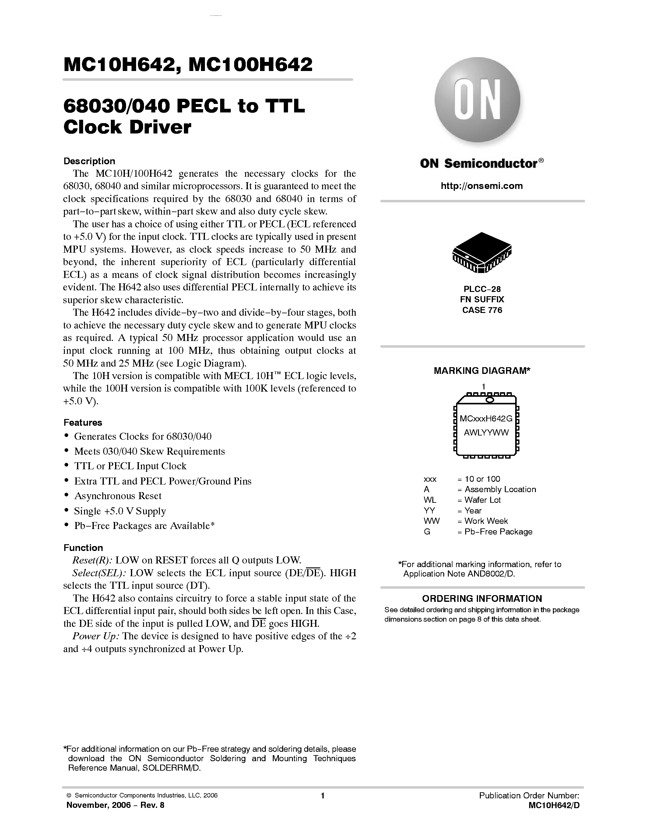 Datasheet MC100H642 - 68030/040 PECL-TTL CLOCK DRIVER page 1