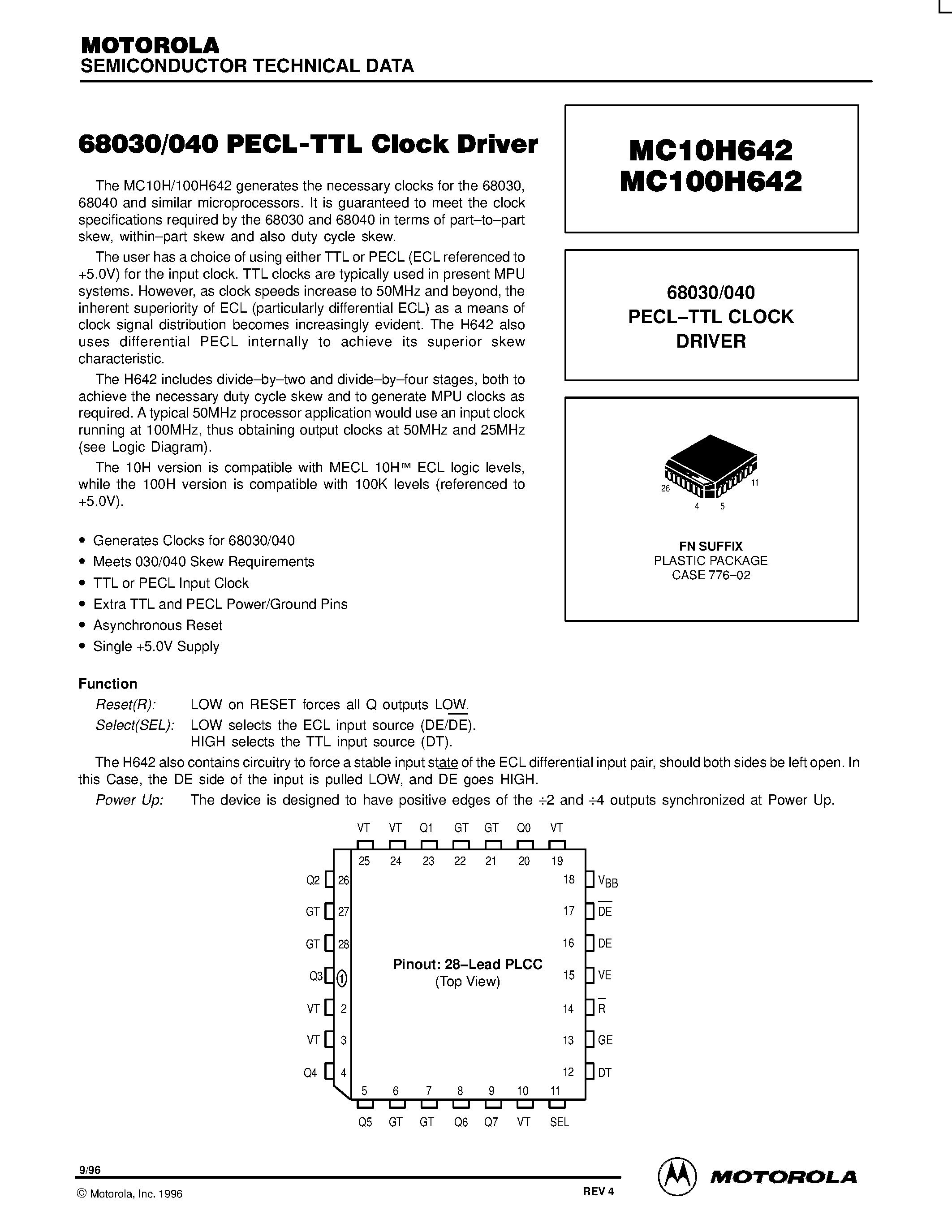 Datasheet MC100H642FN - 68030/040 PECL-TTL CLOCK DRIVER page 1