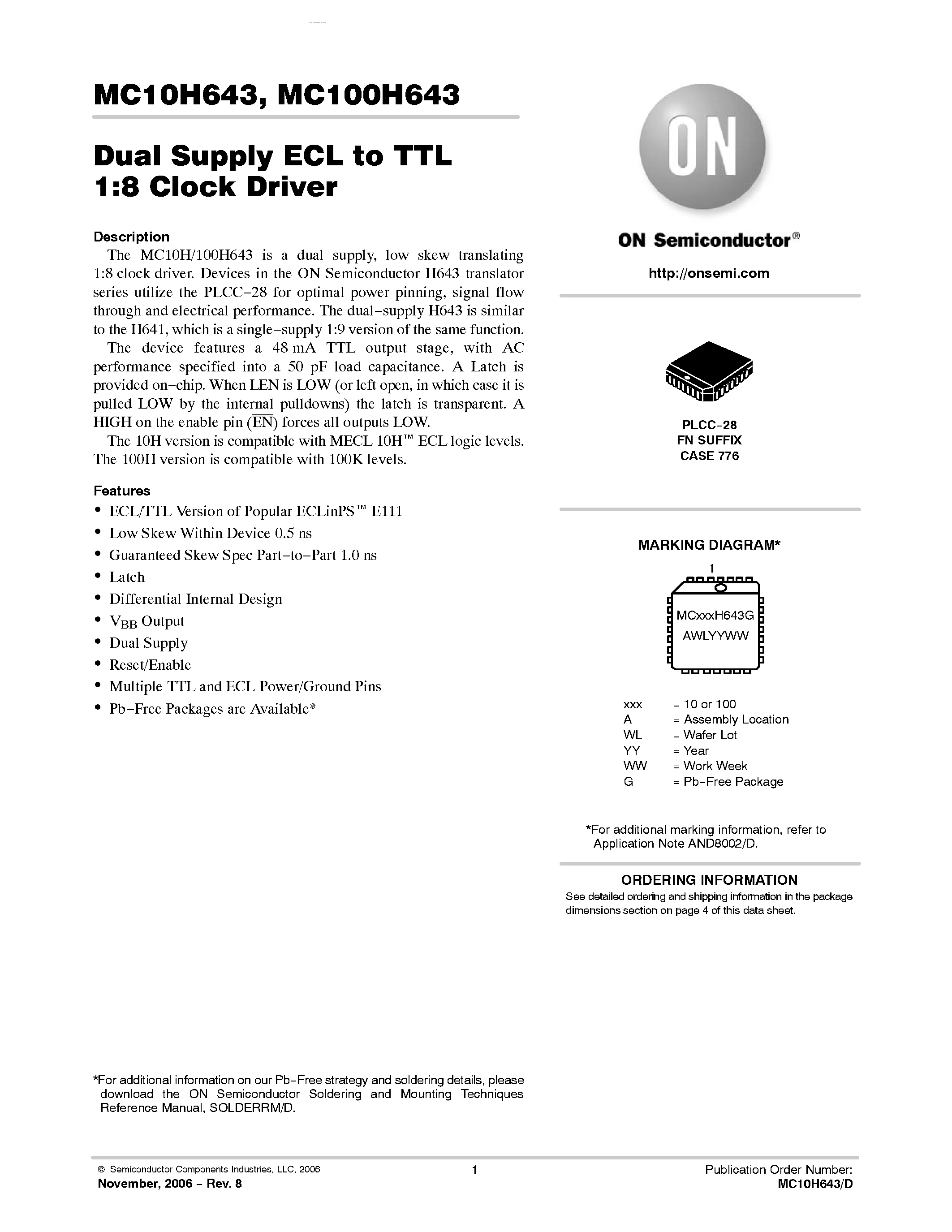 Datasheet MC100H643 - DUAL SUPPLY ECL-TTL 1:8 CLOCK DRIVER page 1