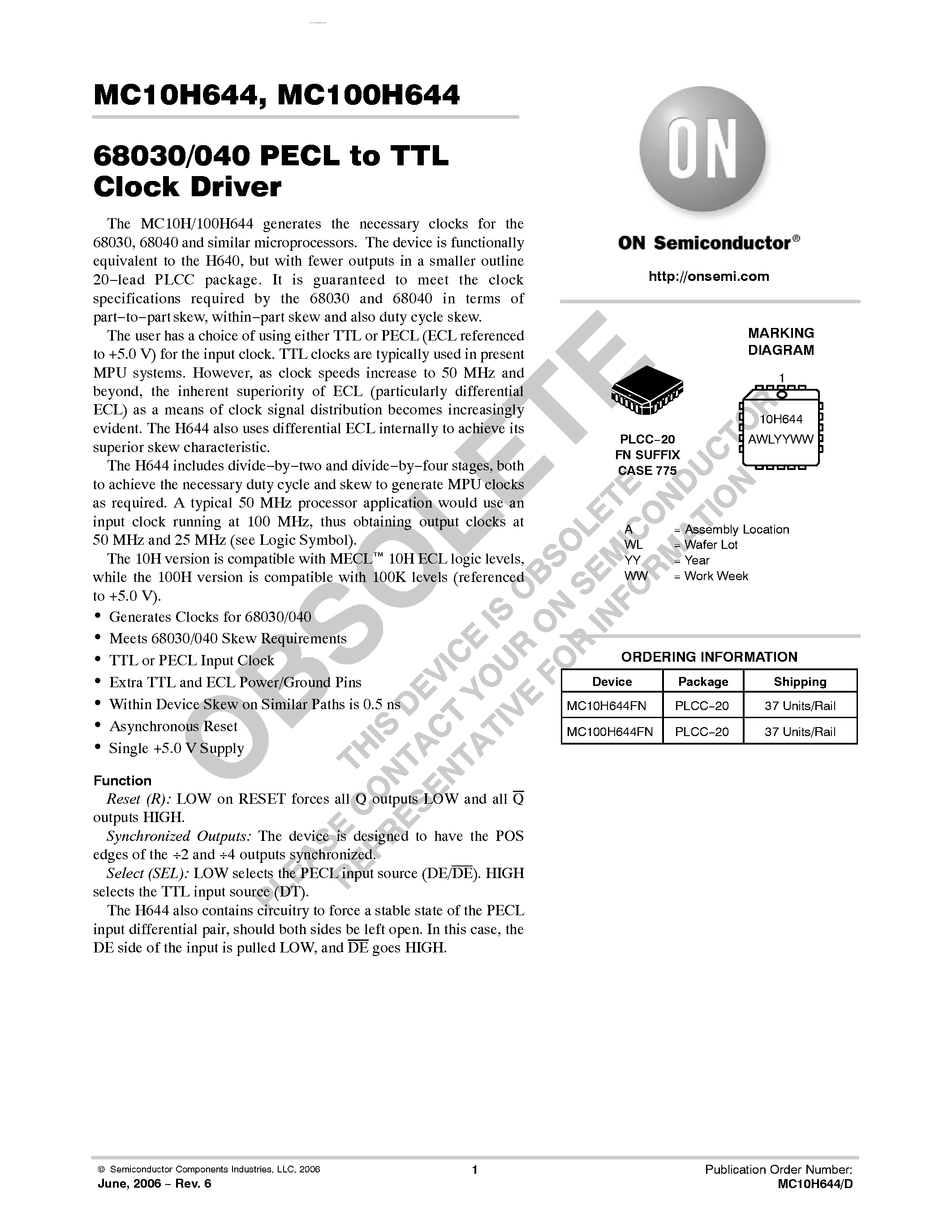 Datasheet MC100H644 - 68030/040 PECL-TTL CLOCK DRIVER page 1