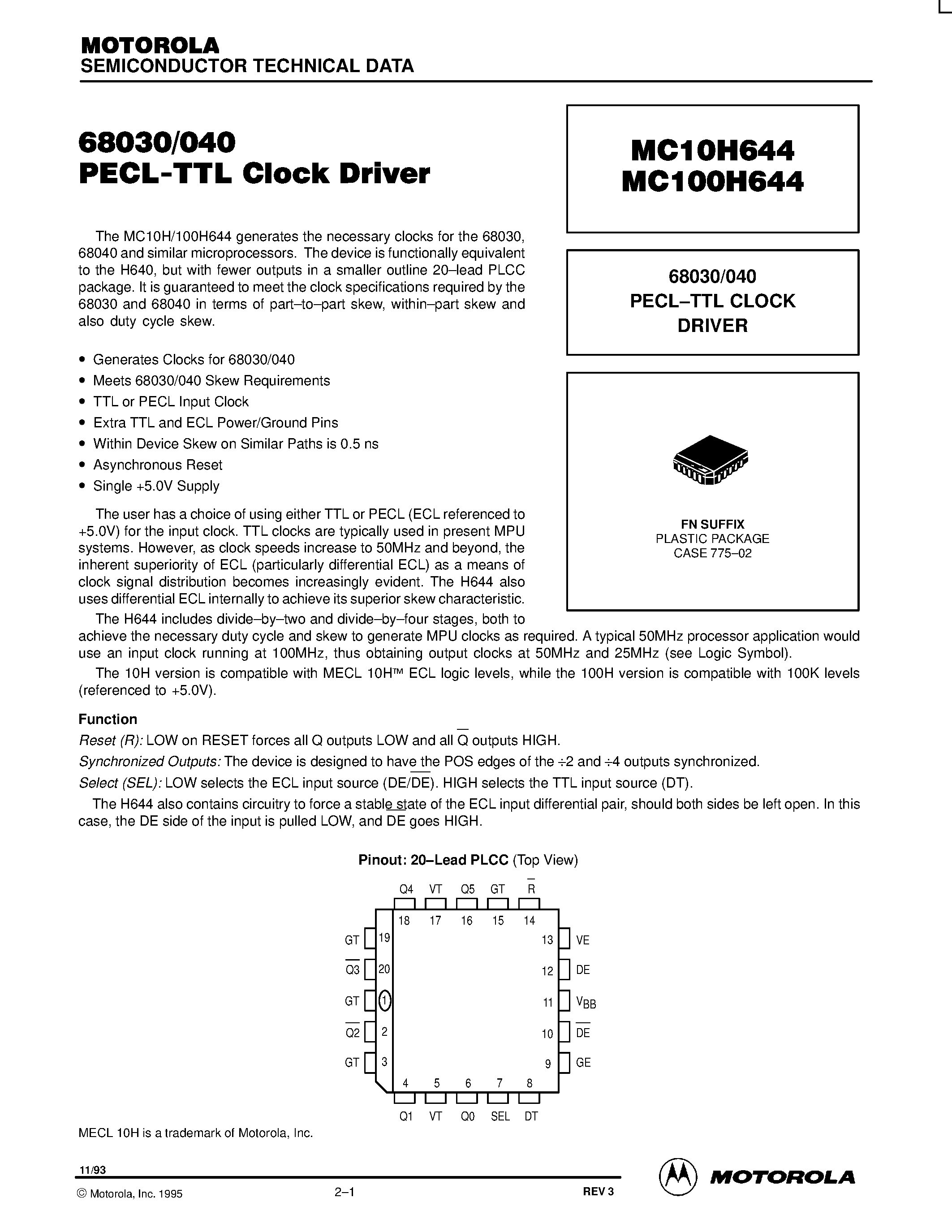 Datasheet MC100H644FN - 68030/040 PECL-TTL CLOCK DRIVER page 1