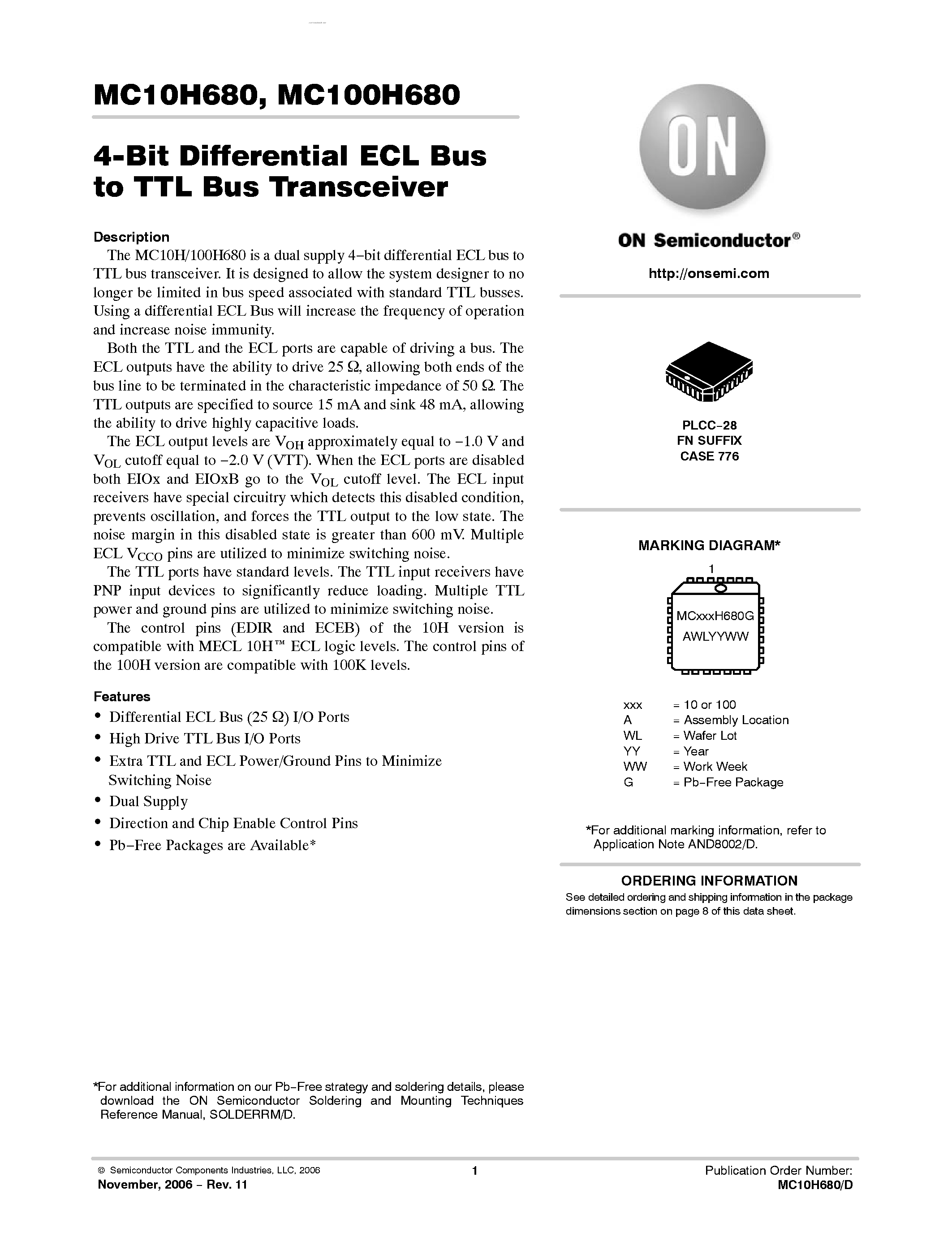 Datasheet MC100H680 - 4-Bit Differential ECL Bus/TTL Bus Transceciver page 1