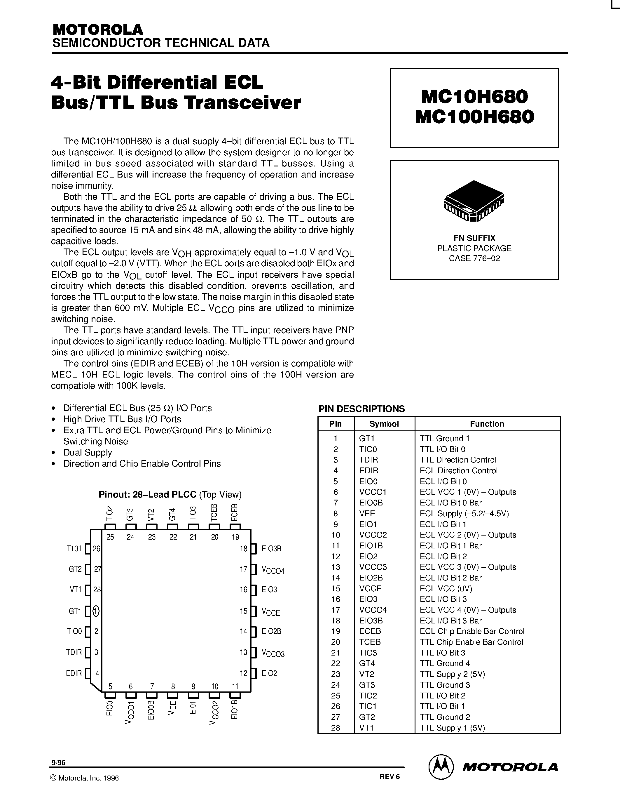 Datasheet MC100H680FN - 4-Bit Differential ECL Bus/TTL Bus Transceiver page 1