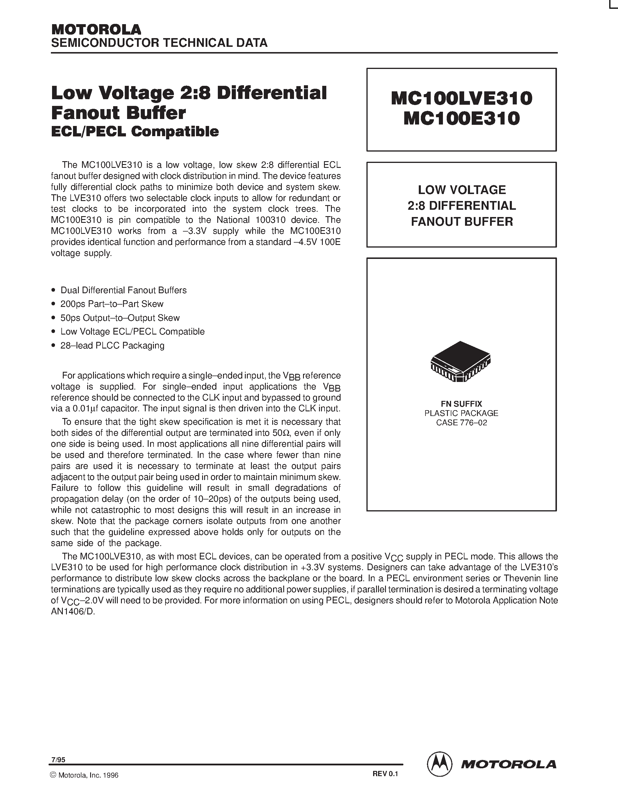 Datasheet MC100LE310 - LOW VOLTAGE 2:8 DIFFERENTIAL FANOUT BUFFER page 1