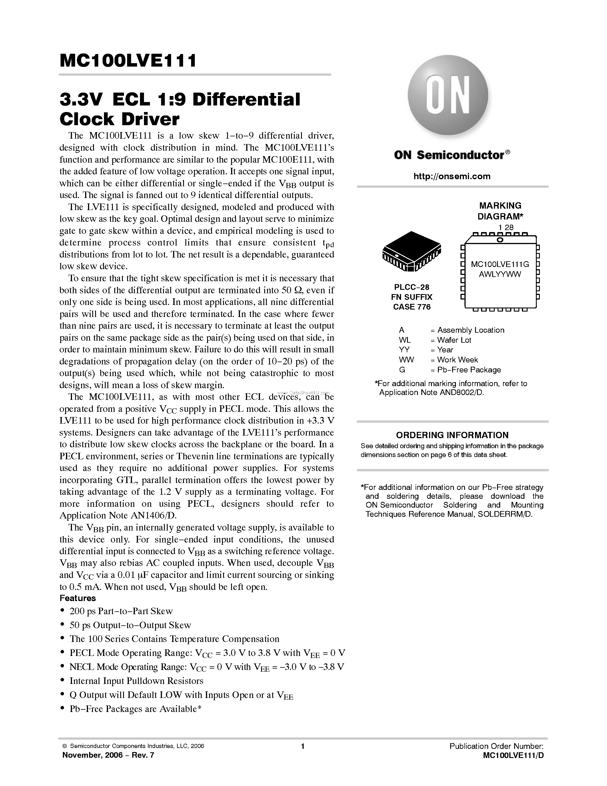 Datasheet MC100LVE111 - LOW-VOLTAGE 1:9 DIFFERENTIAL ECL/PECL CLOCK DRIVER page 1