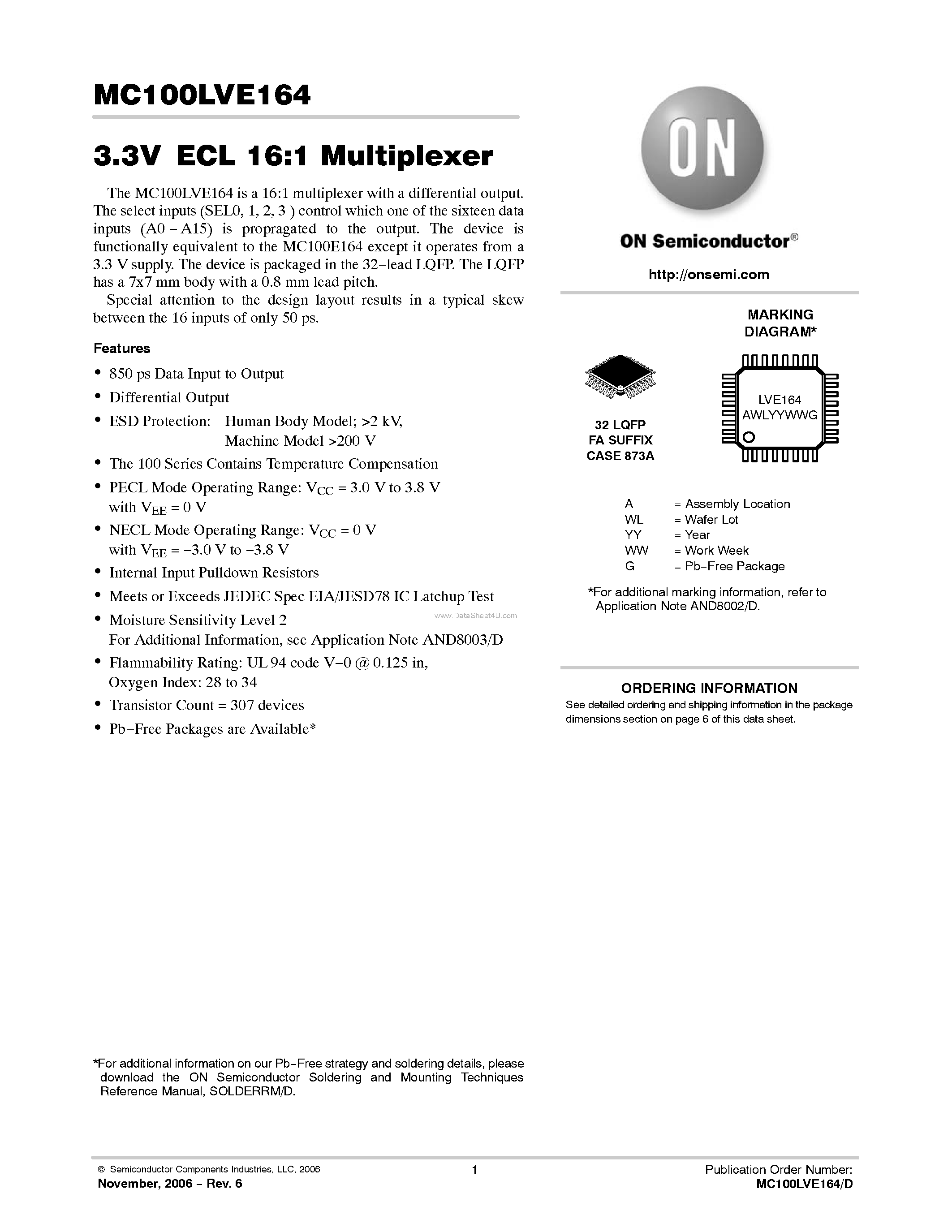 Datasheet MC100LVE164 - LOW VOLTAGE 16:1 MULTIPLEXER page 1