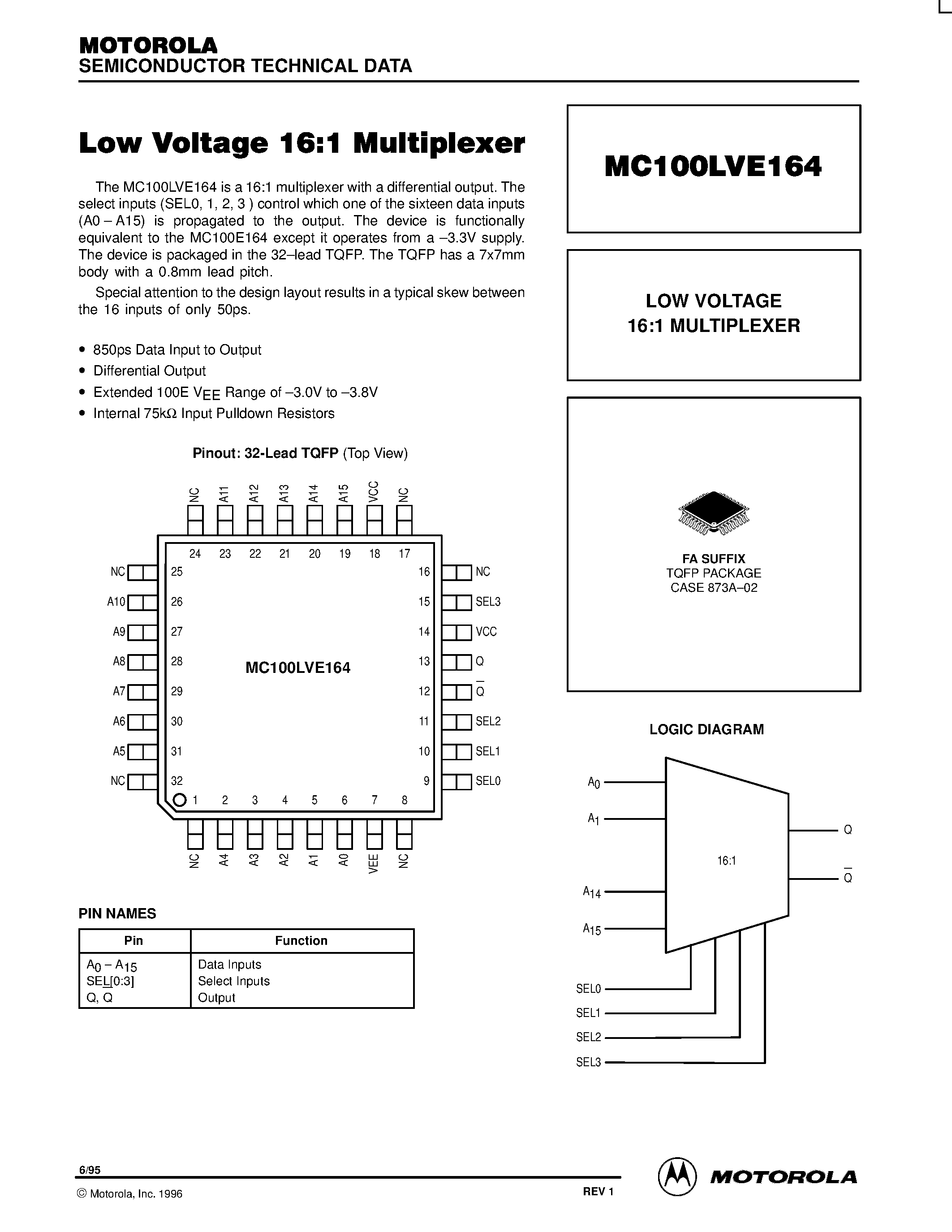 Datasheet MC100LVE164FA - LOW VOLTAGE 16:1 MULTIPLEXER page 1