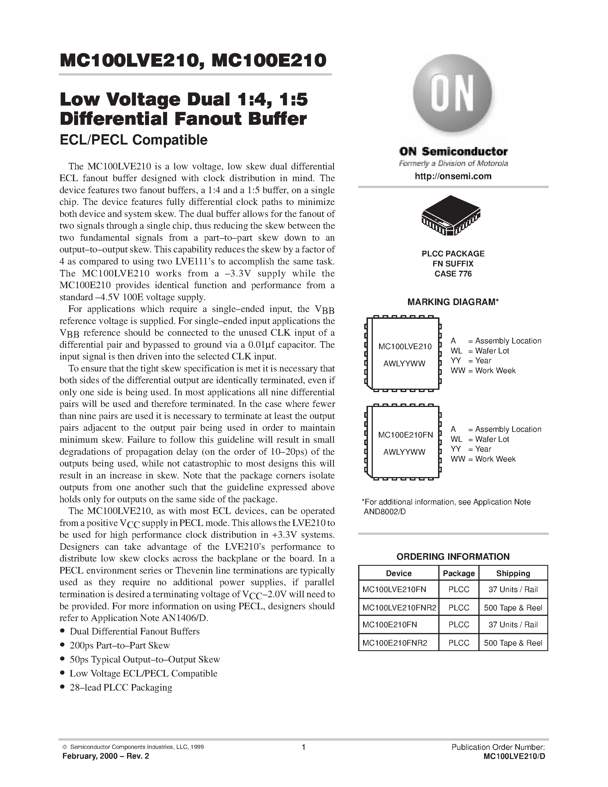 Datasheet MC100LVE210 - Low Voltage Dual 1:4 / 1:5 Differential Fanout Buffer page 1