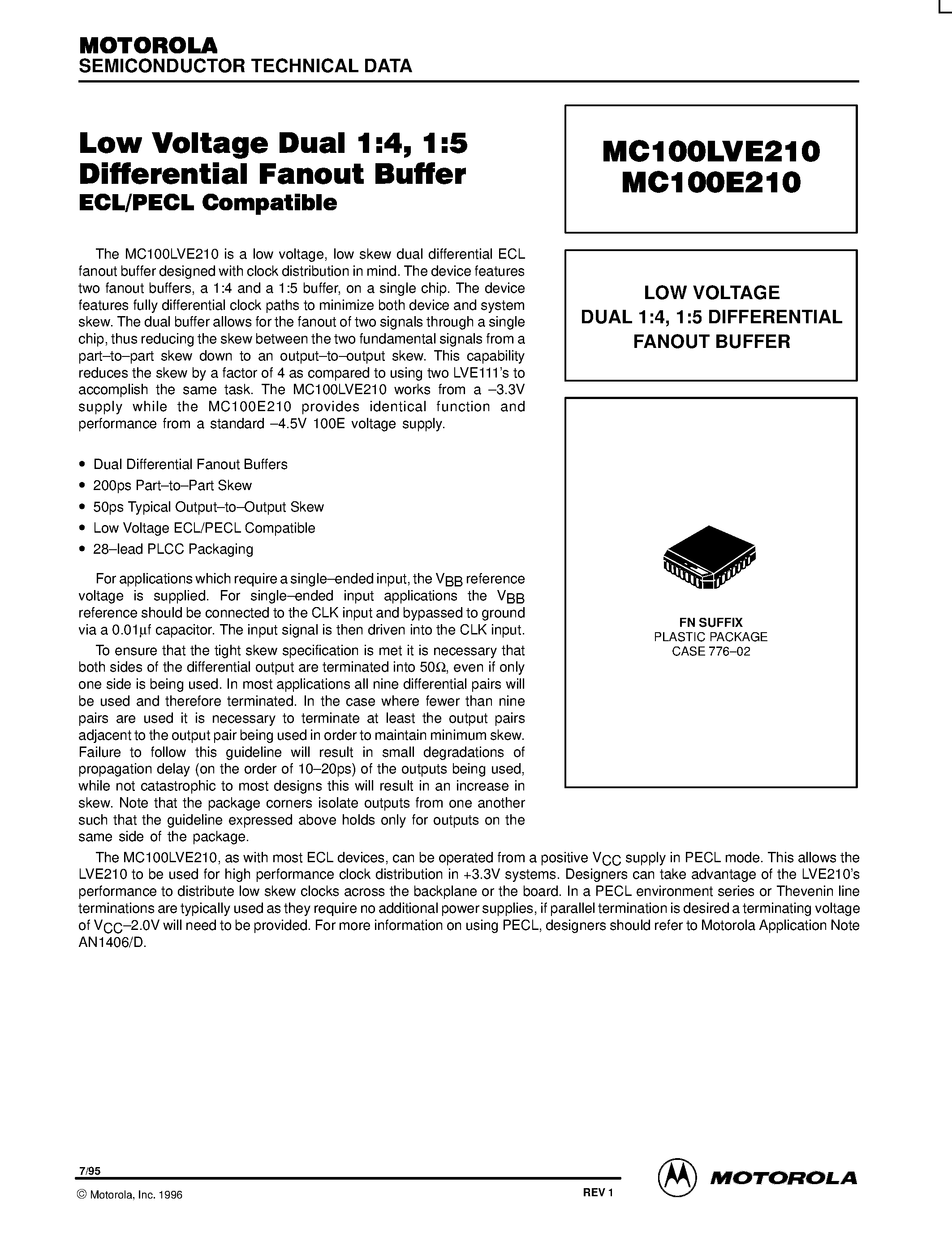 Datasheet MC100LVE210FN - LOW VOLTAGE DUAL 1:4 / 1:5 DIFFERENTIAL FANOUT BUFFER page 1