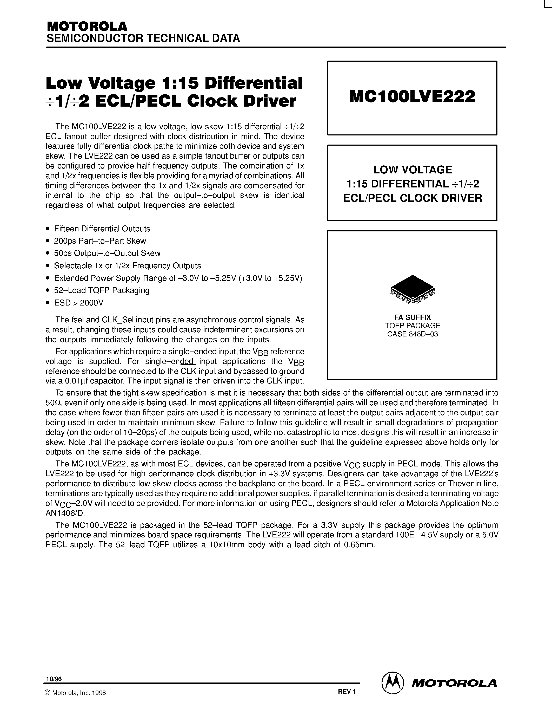 Datasheet MC100LVE222FA - LOW VOLTAGE 1:15 DIFFERENTIAL 1/2 ECL/PECL CLOCK DRIVER page 1