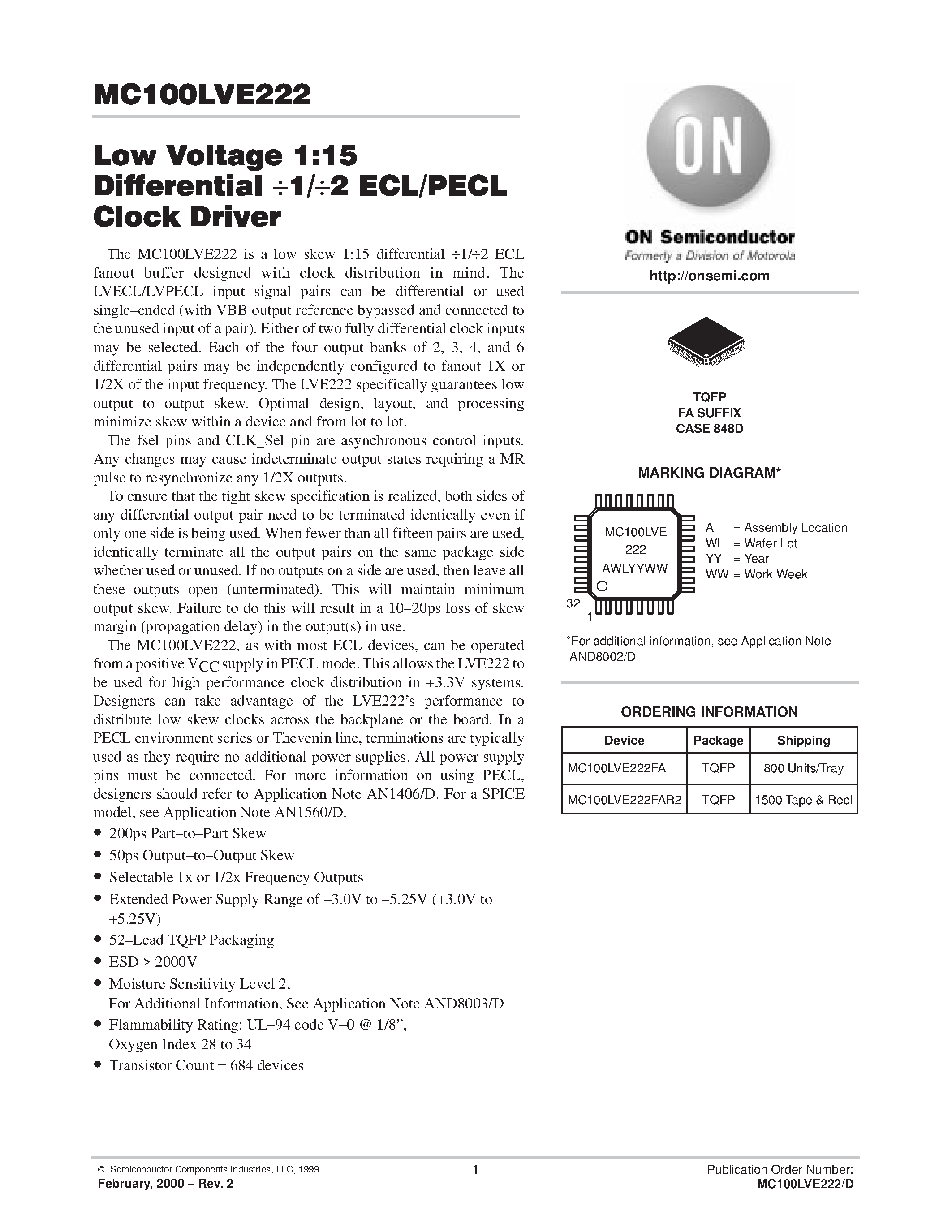 Datasheet MC100LVE222FAR2 - Low Voltage 1:15 Differential 12 ECL/PECL Clock Driver page 1