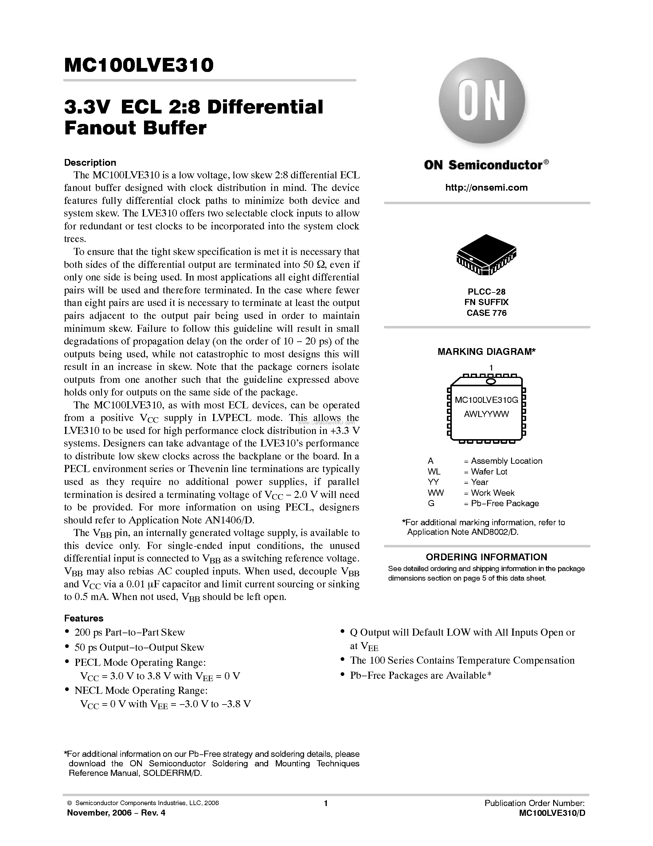 Datasheet MC100LVE310 - LOW VOLTAGE 2:8 DIFFERENTIAL FANOUT BUFFER page 1