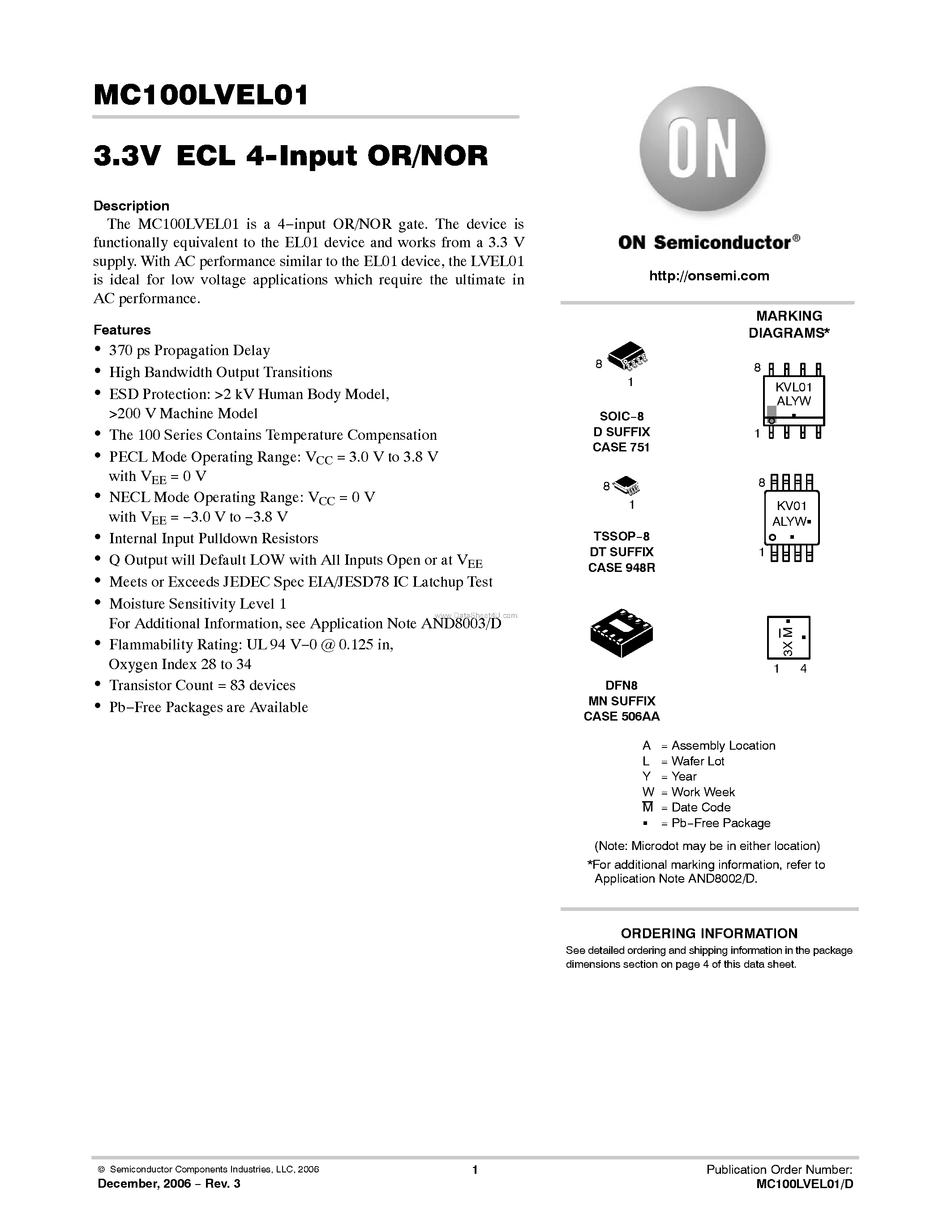 Datasheet MC100LVEL01 - 4-Input OR/NOR page 1