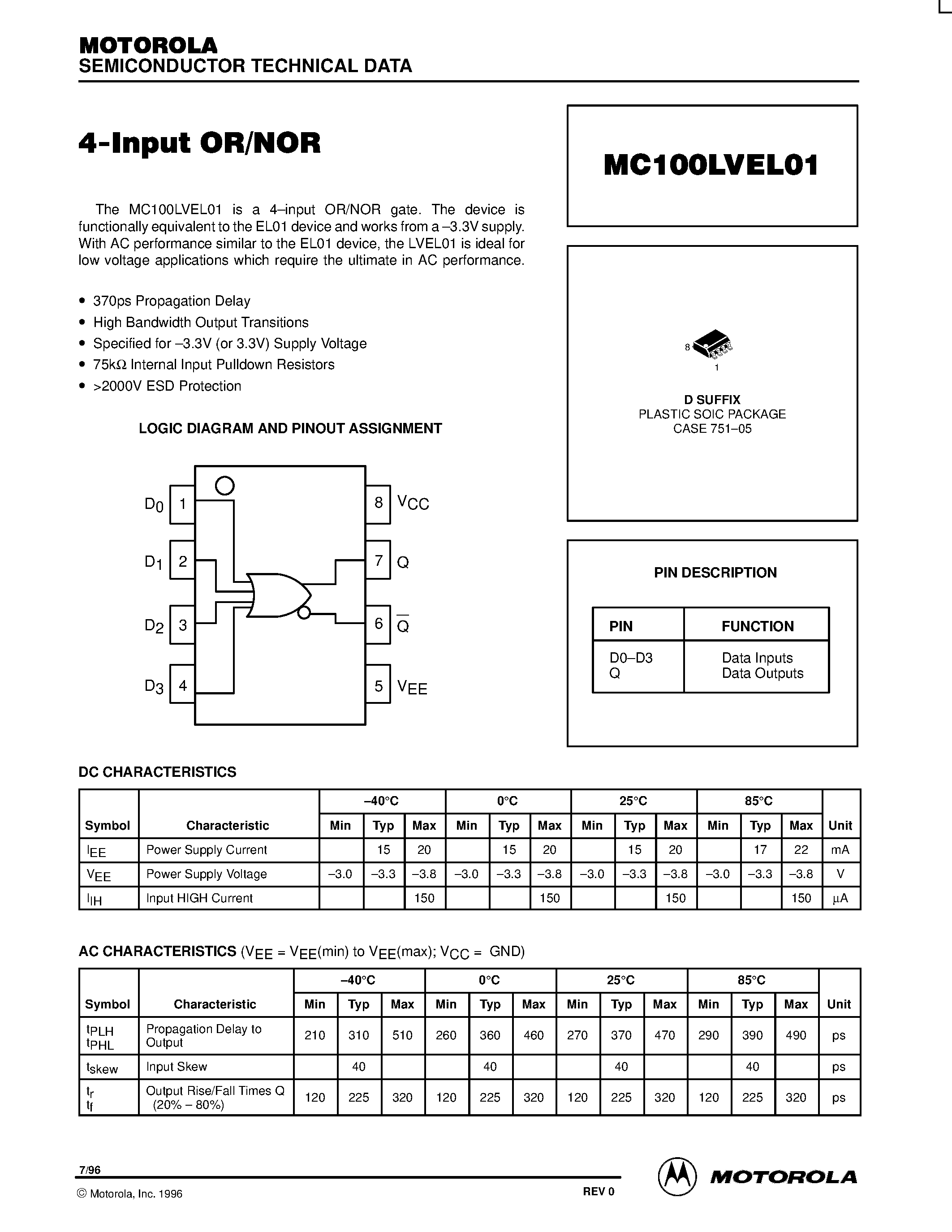 Datasheet MC100LVEL01D - 4-Input OR/NOR page 1