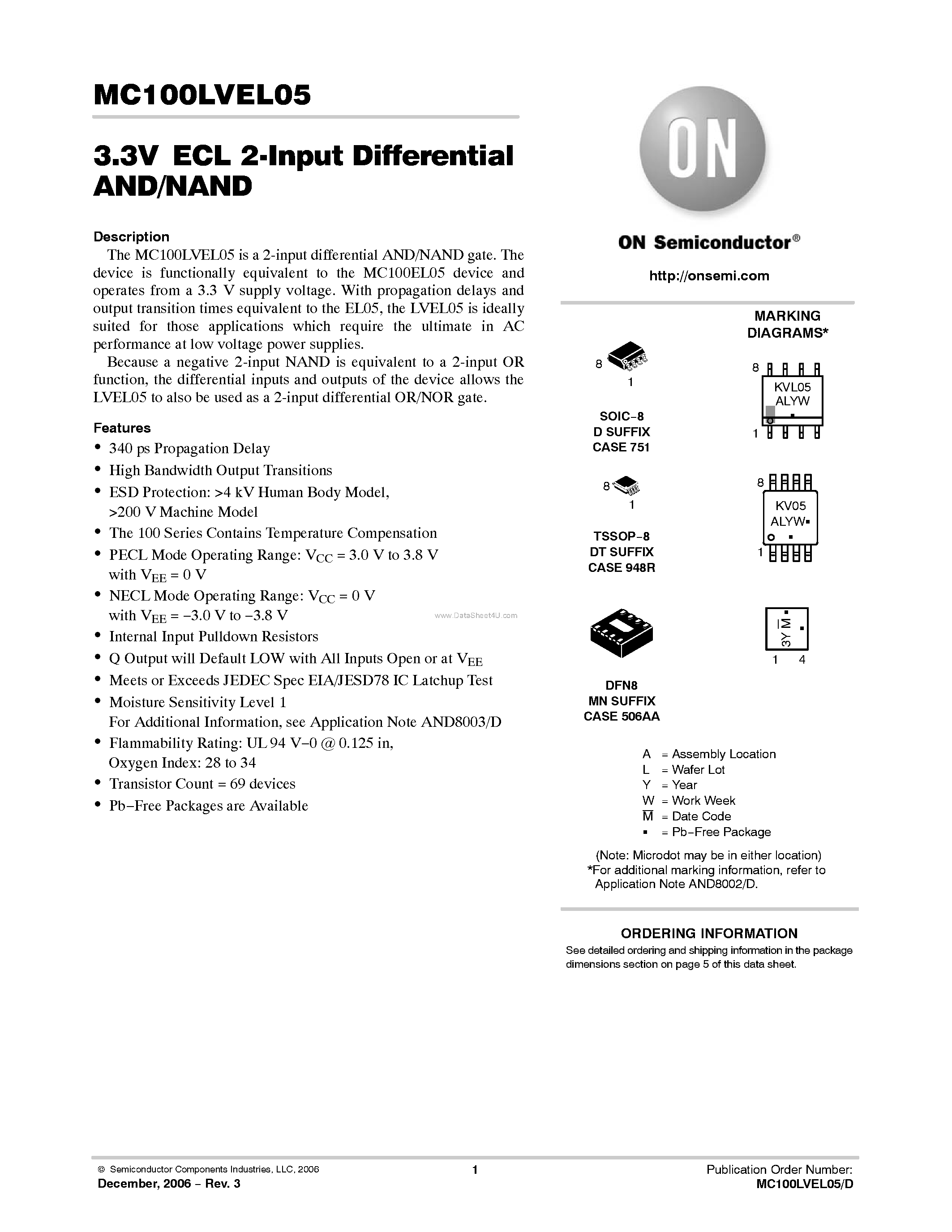 Datasheet MC100LVEL05 - 2-Input Differential AND/NAND page 1