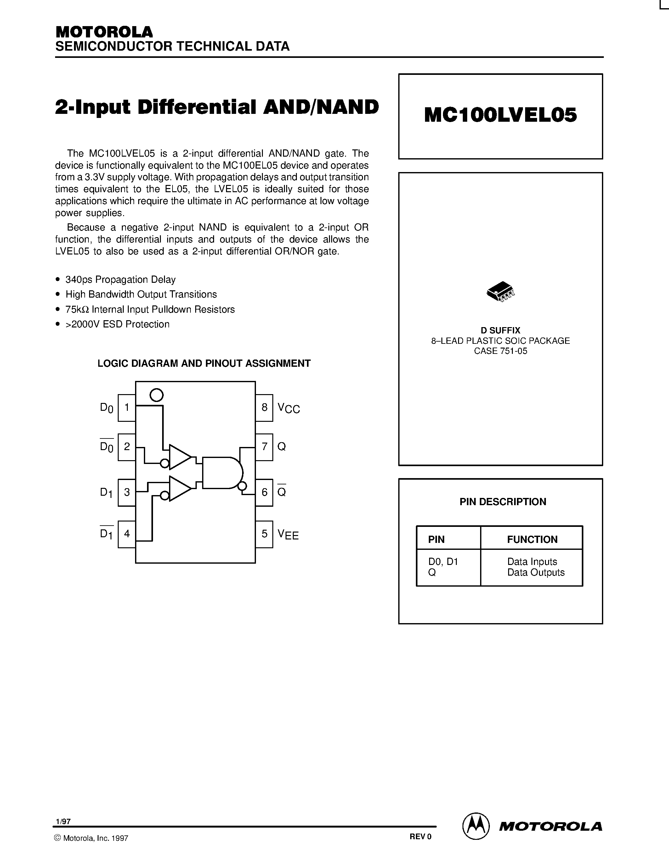 Datasheet MC100LVEL05D - 2-Input Differential AND/NAND page 1