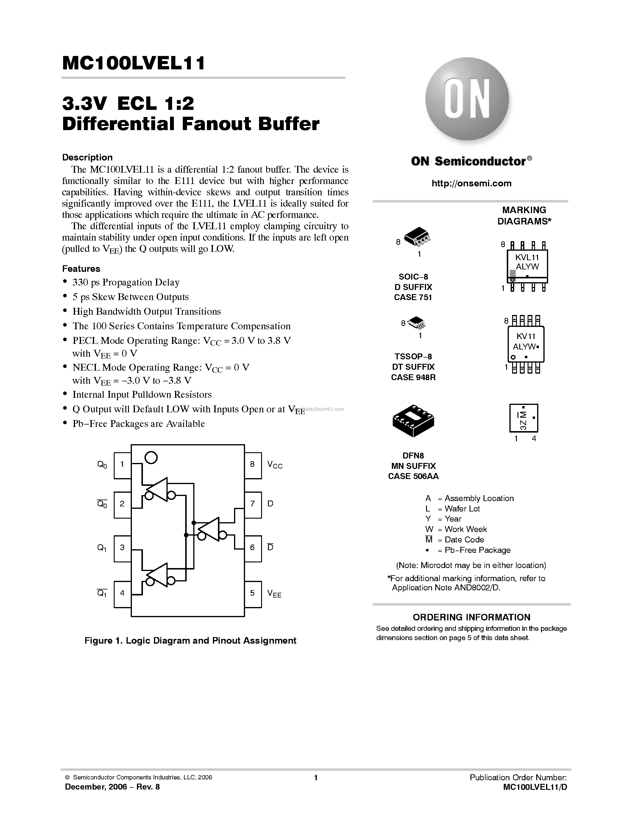 Datasheet MC100LVEL11 - Low Voltage 1:2 Differential Fanout Buffer page 1