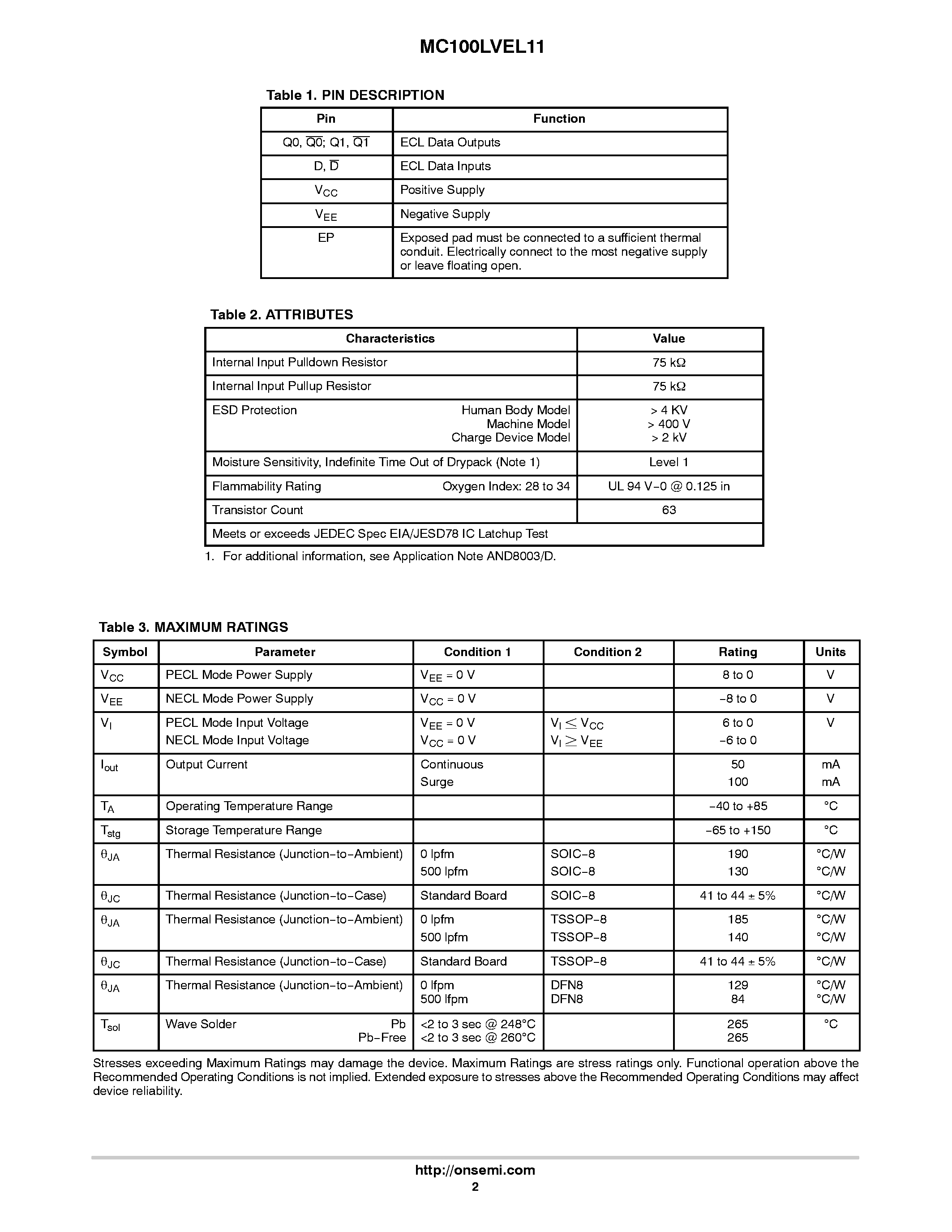 Datasheet MC100LVEL11 - Low Voltage 1:2 Differential Fanout Buffer page 2