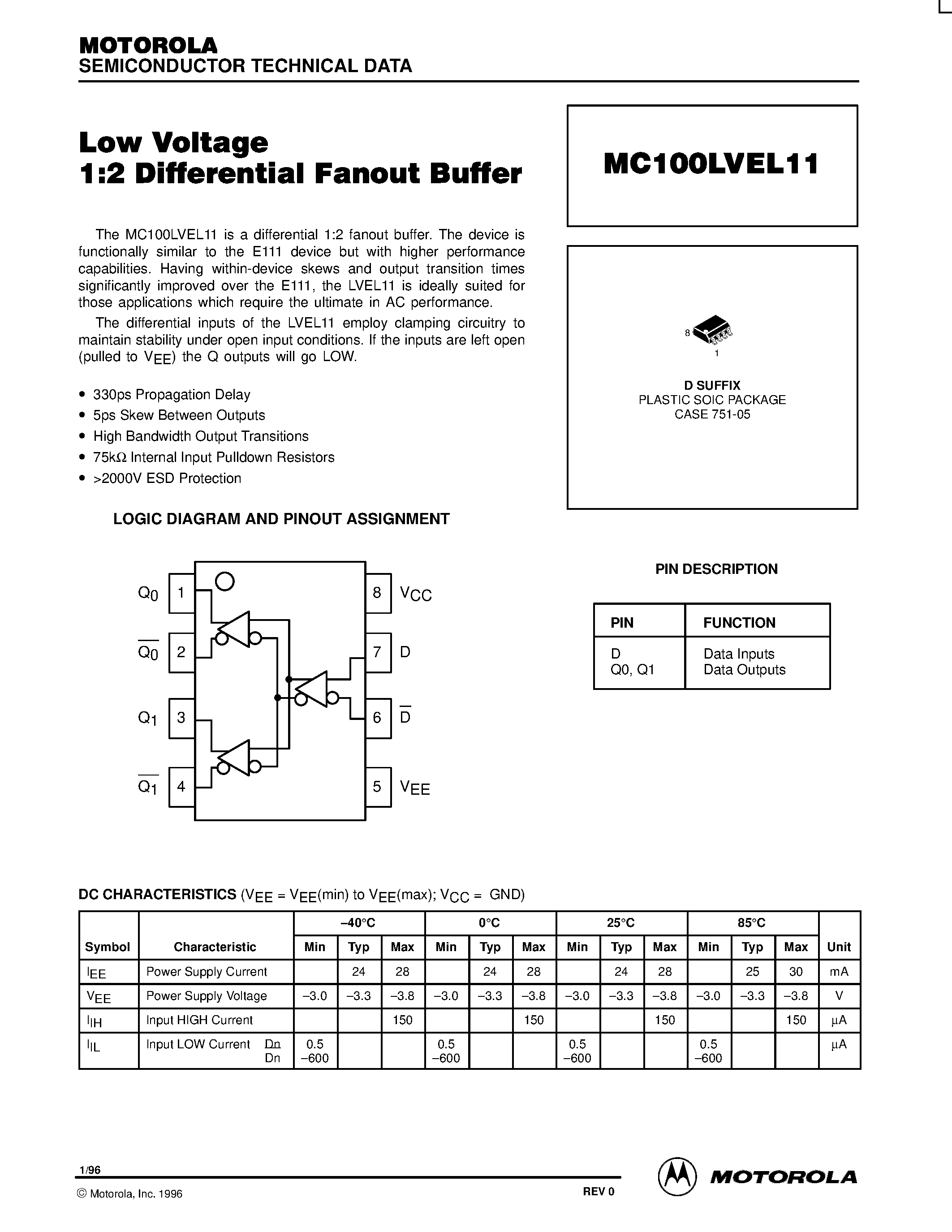 Datasheet MC100LVEL11D - Low Voltage 1:2 Differential Fanout Buffer page 1