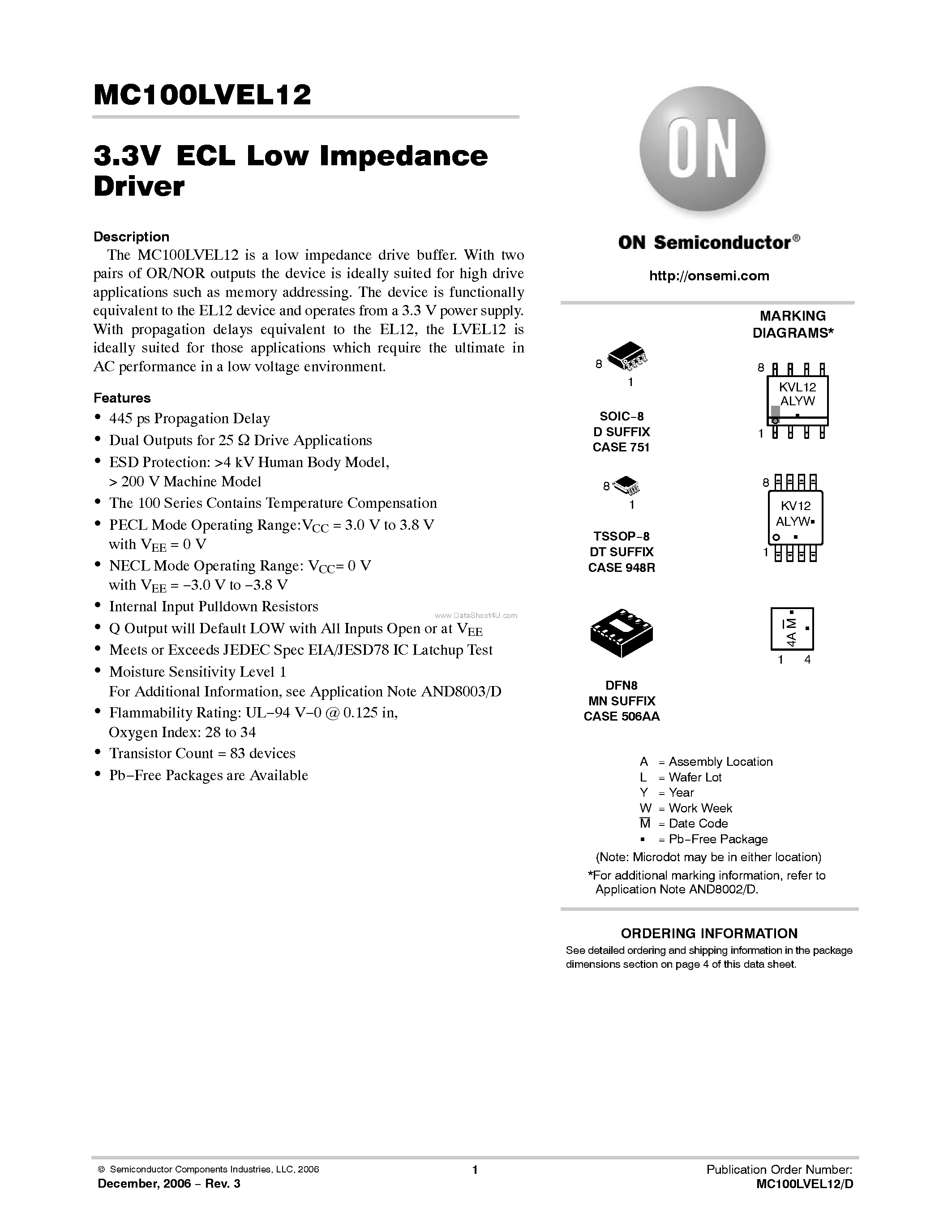 Datasheet MC100LVEL12 - Low Impedance Driver page 1