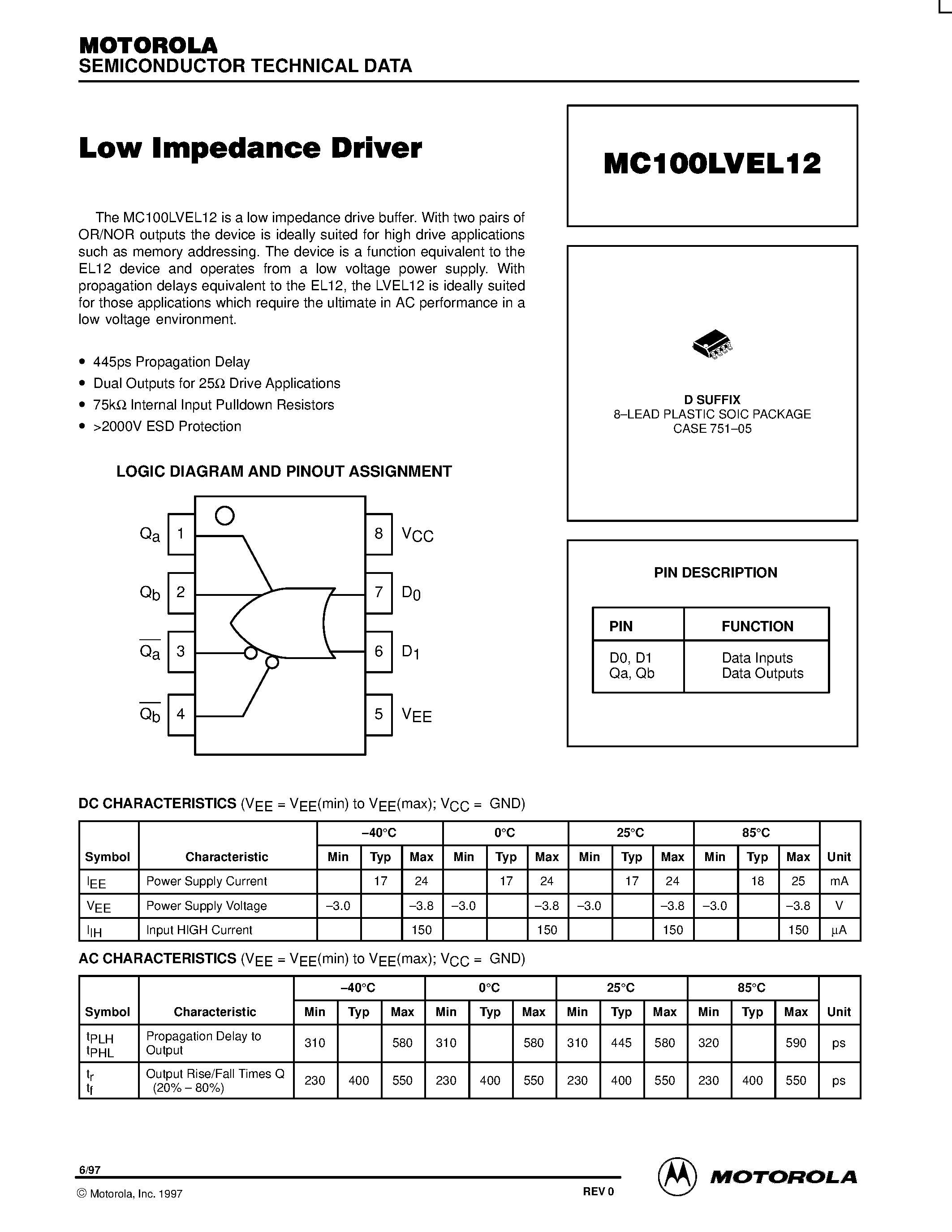 Datasheet MC100LVEL12D - Low Impedance Driver page 1