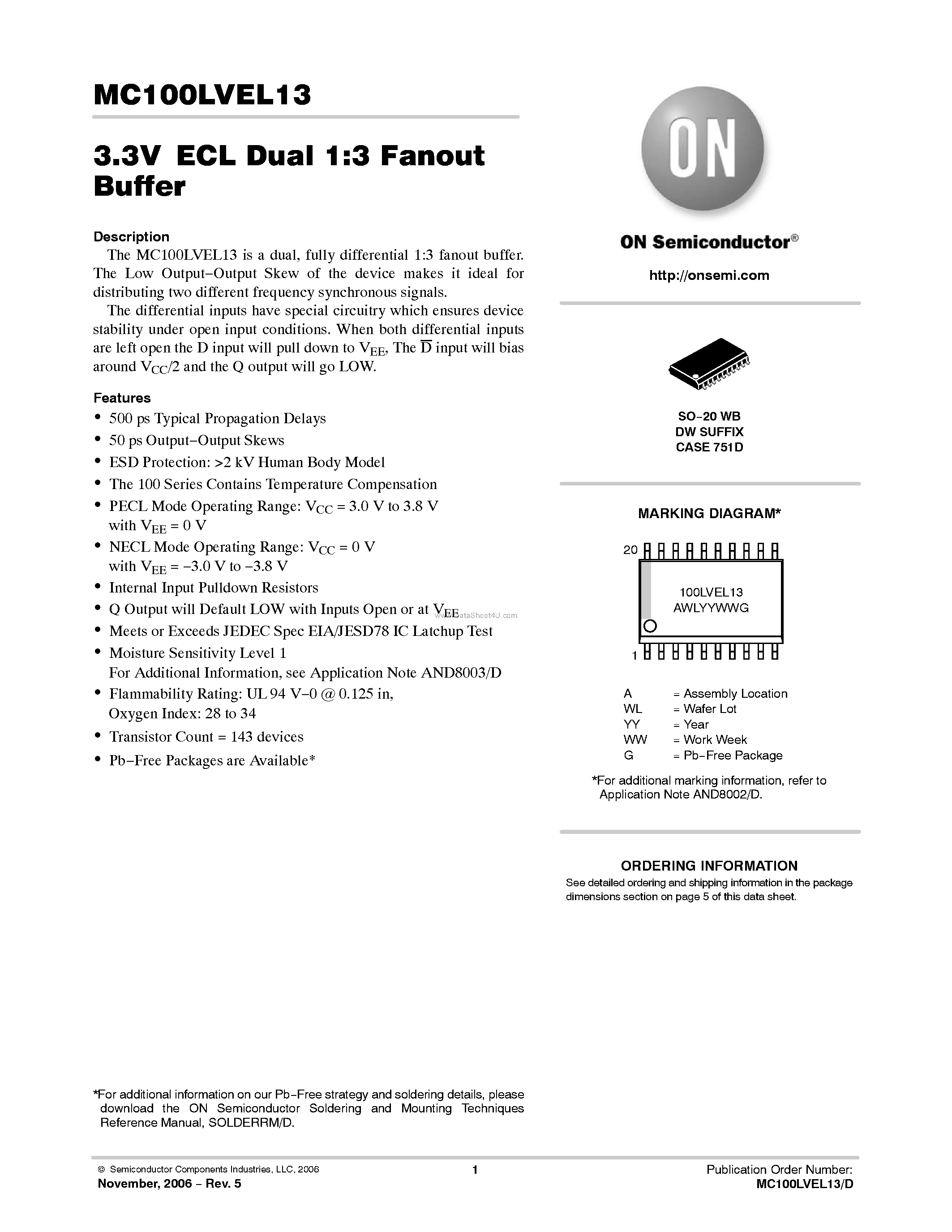 Datasheet MC100LVEL13 - Dual 1:3 Fanout Buffer page 1