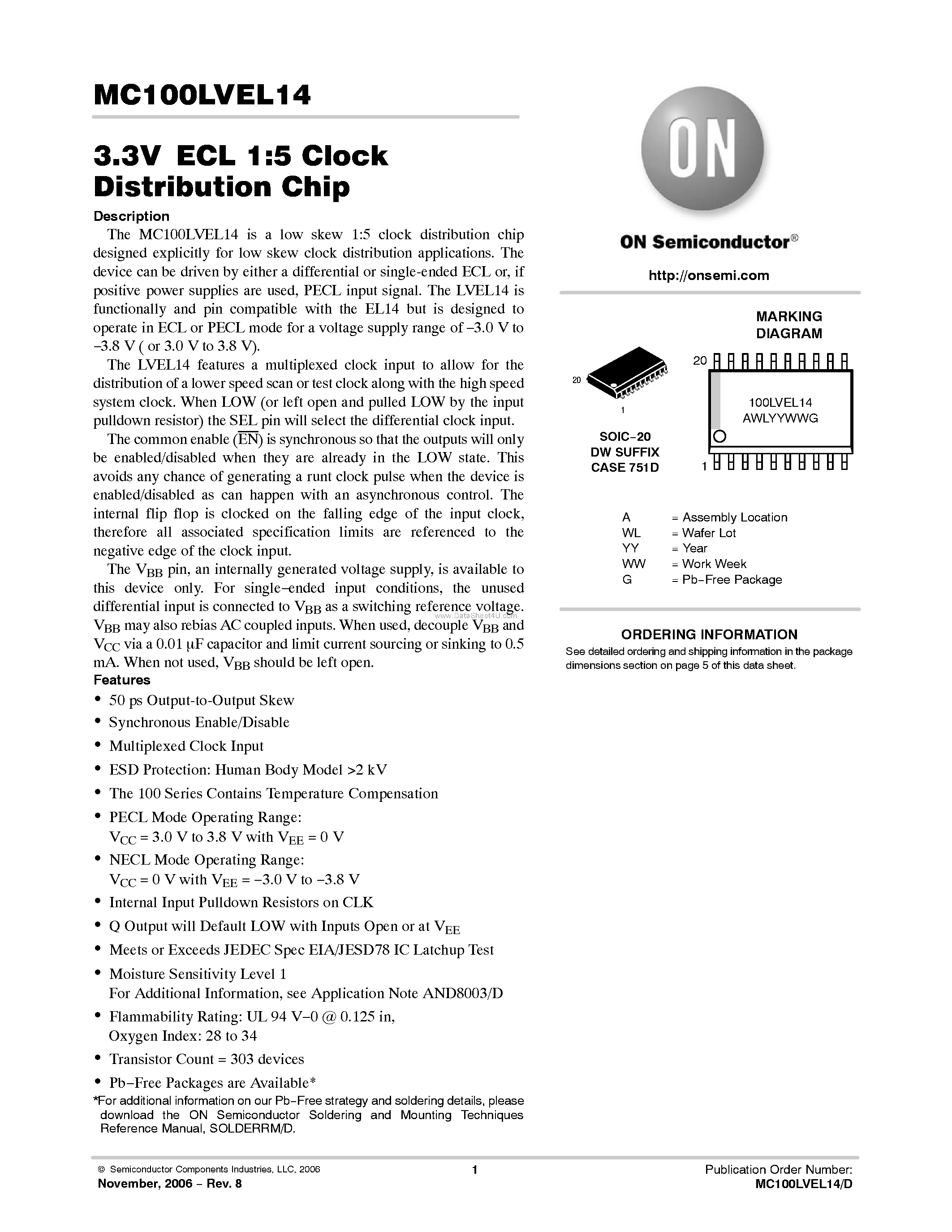 Datasheet MC100LVEL14 - 1:5 Clock Distribution Chip page 1